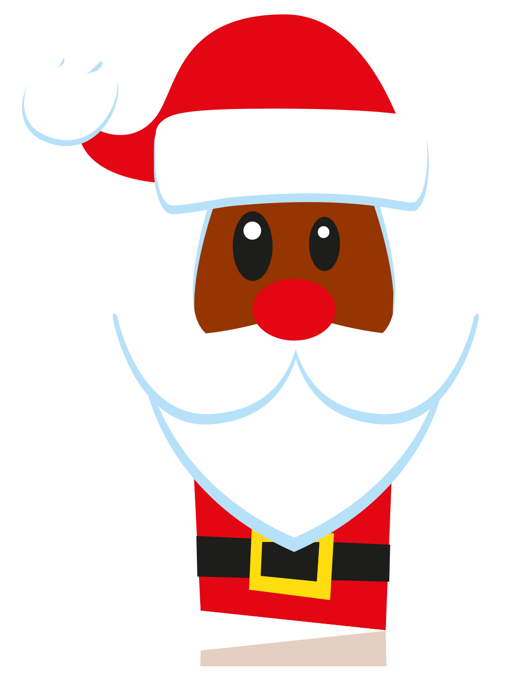 Cartoon cake slice character of Santa Claus. Brown rectangle body shape, big black eyes, white beard, red hat with white trim and pom-pom, red suit with black belt and yellow buckle.