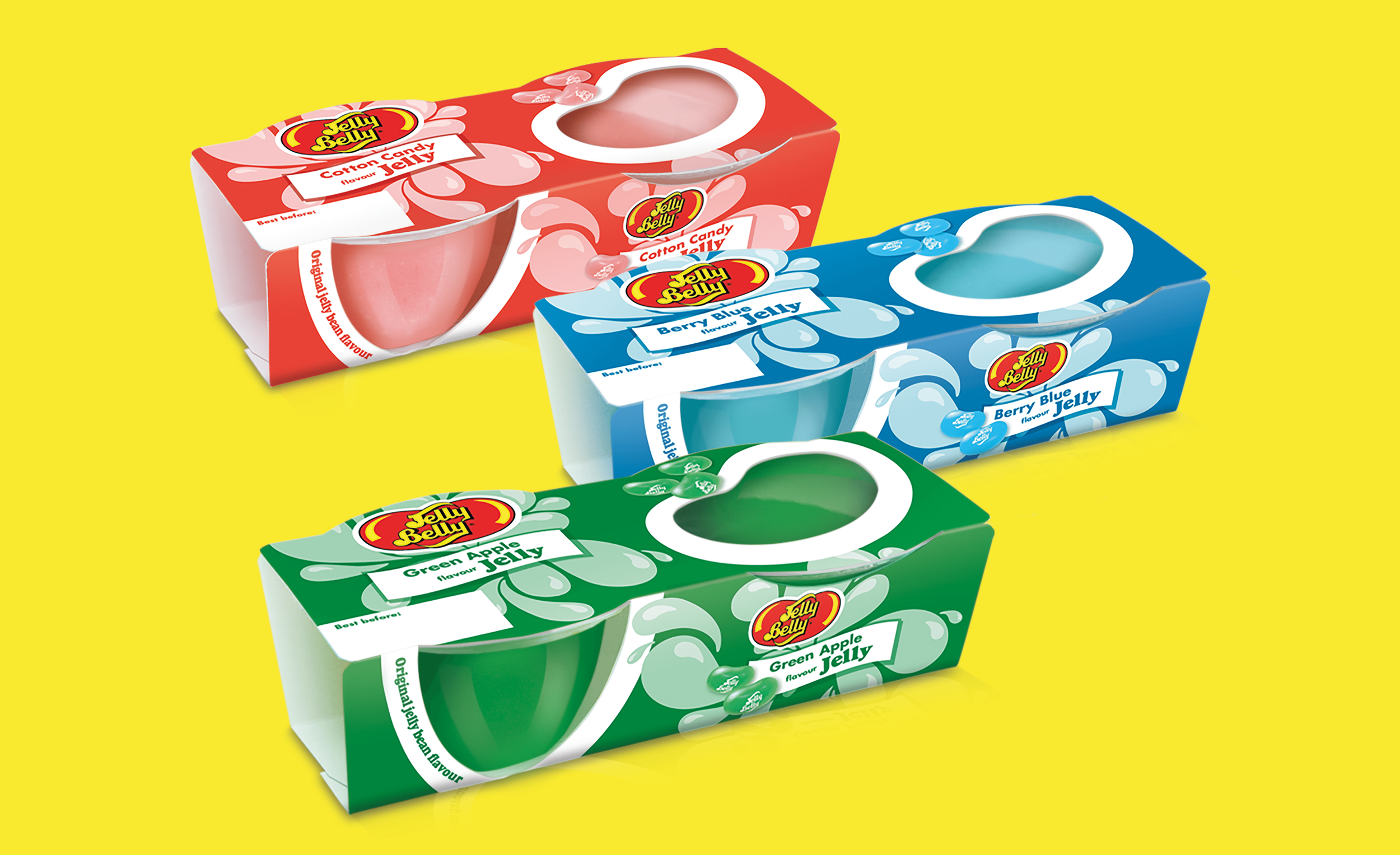 Three boxes of Jelly Belly jelly beans in flavors cotton candy, berry blue, and green apple against a yellow background.