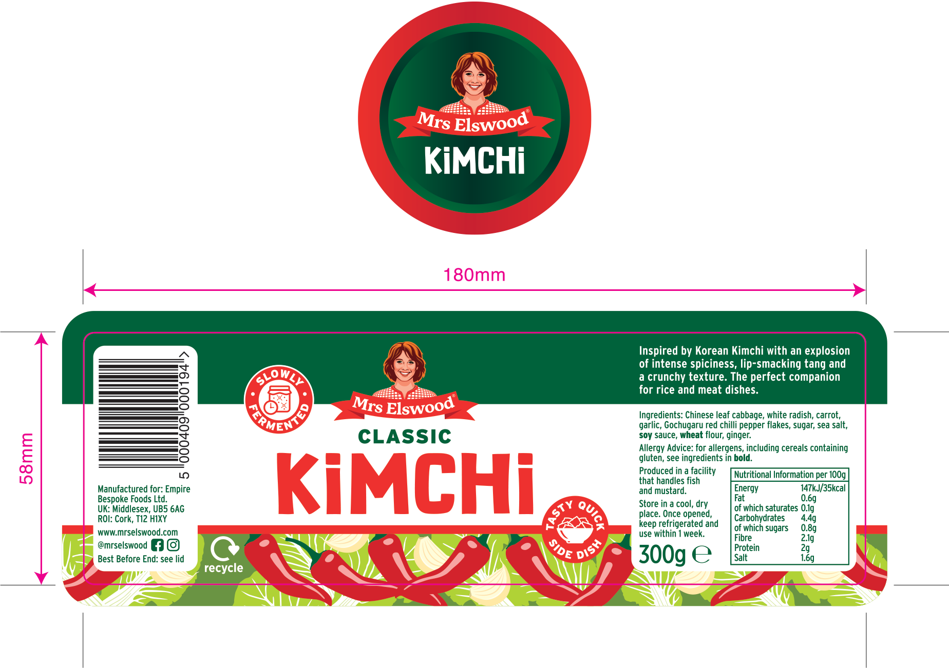 Mrs Elswood Kimchi lid an dlabel artwork layout for print.