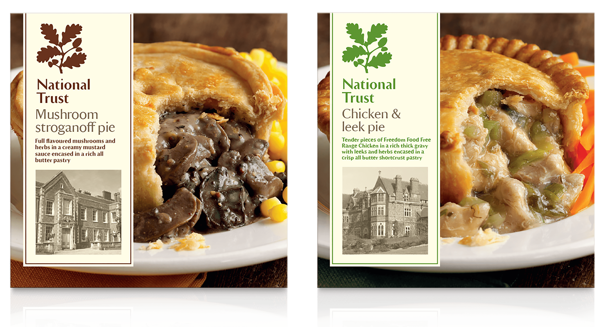 Packaging for two small National Trust pies. Mushroom stroganoff pie on the left and chicken and leek pie on the right, with images of National Trust property on the labels. Background on both are rustic photos of the pies and their filling.