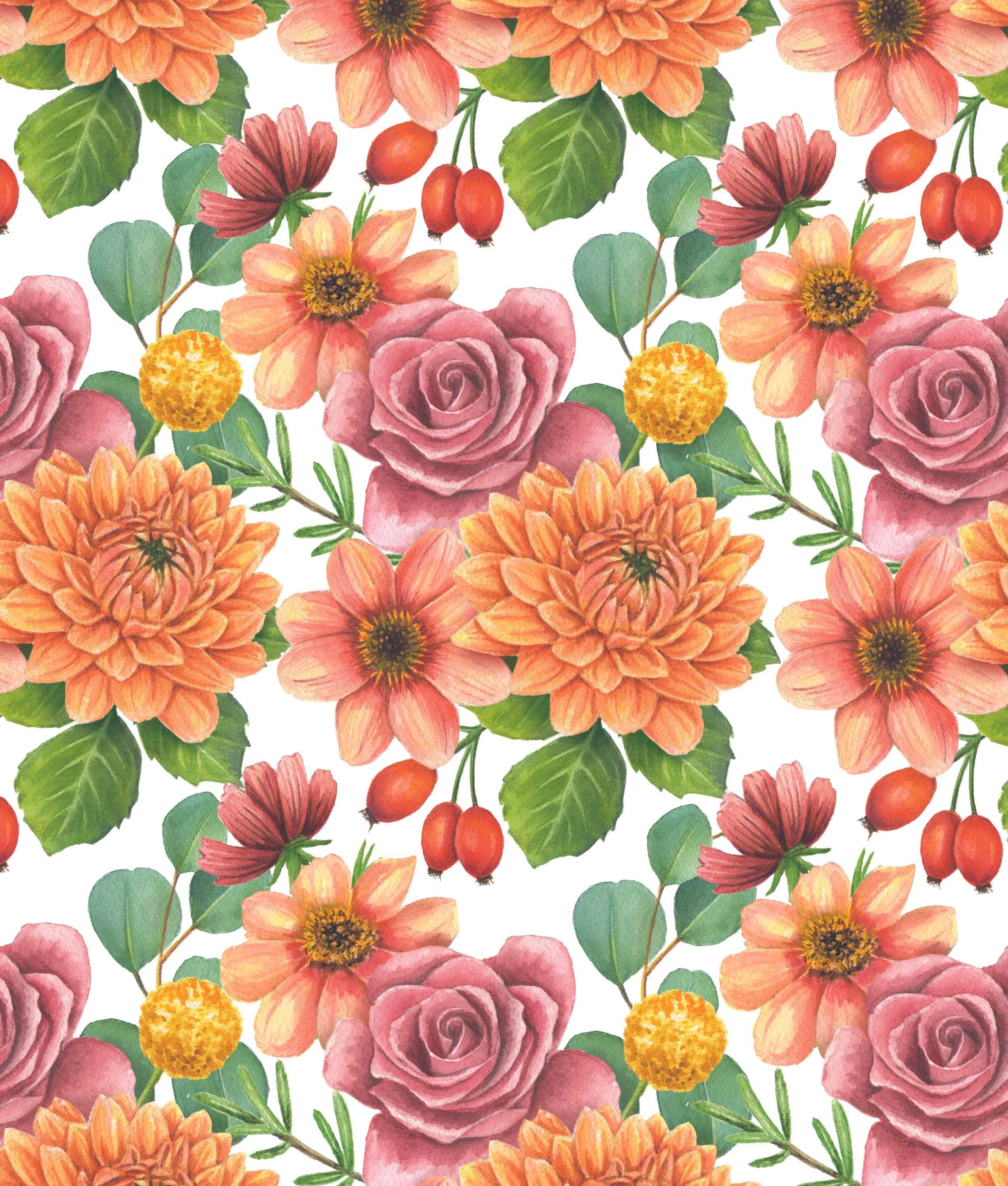 A seamless pattern of watercolor-style flowers including pink roses, orange dahlias, pink and orange daisies, yellow billy buttons, and red berries, with green leaves on a white background.