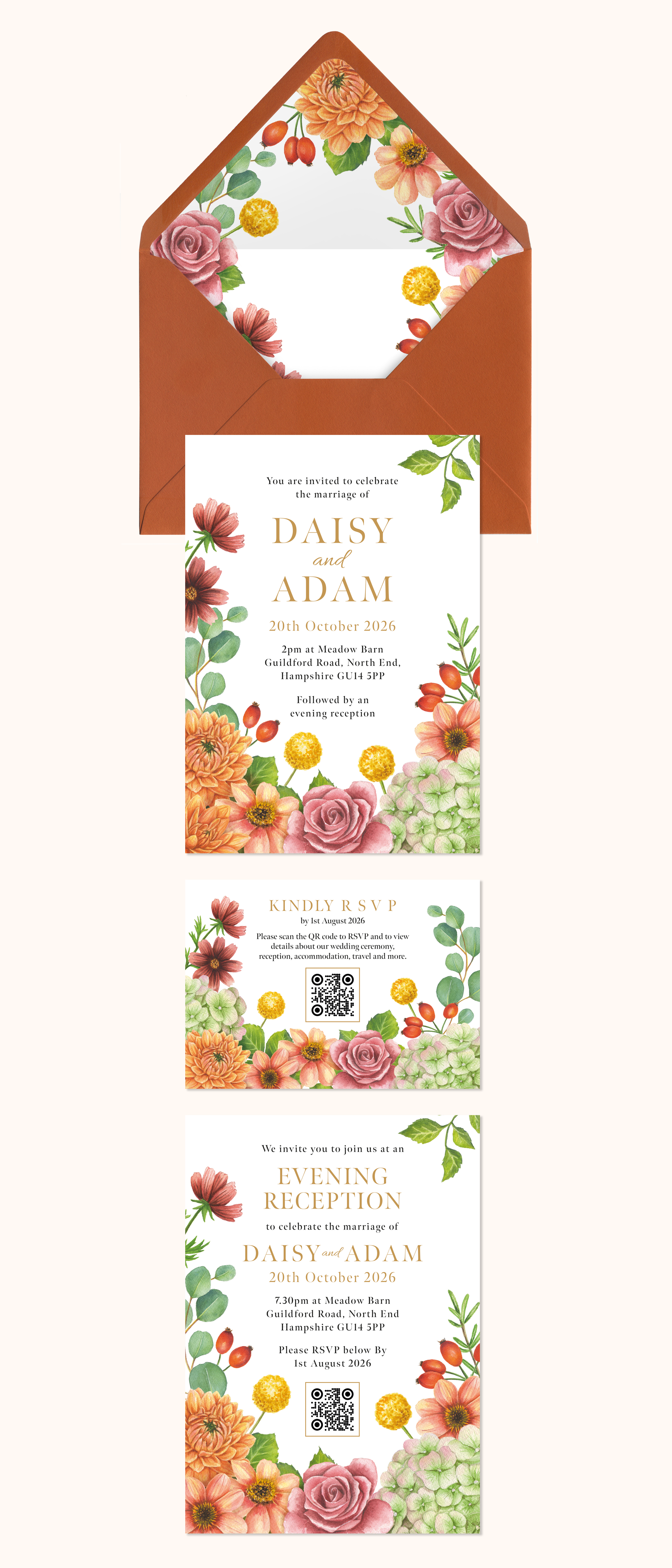 Wedding invitation with floral border, brown envelope, RSVP card, and evening reception details.