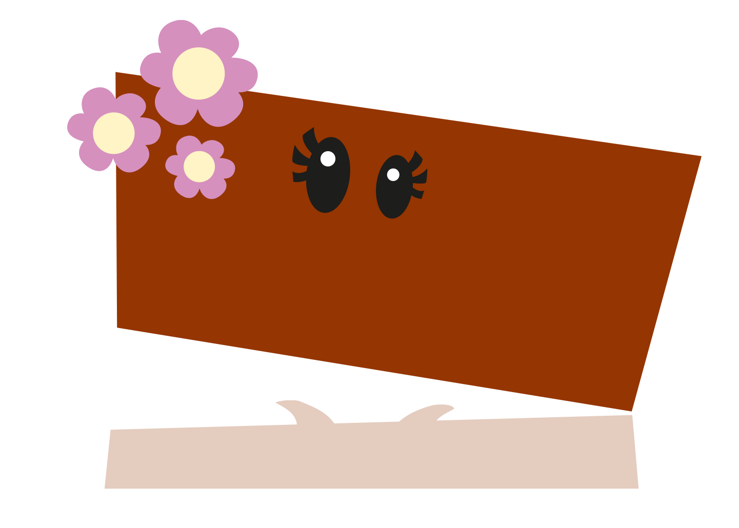 Cartoon chocolate loaf cake. Brown rectangle body shape, big black eyes, purple flowers in hair.