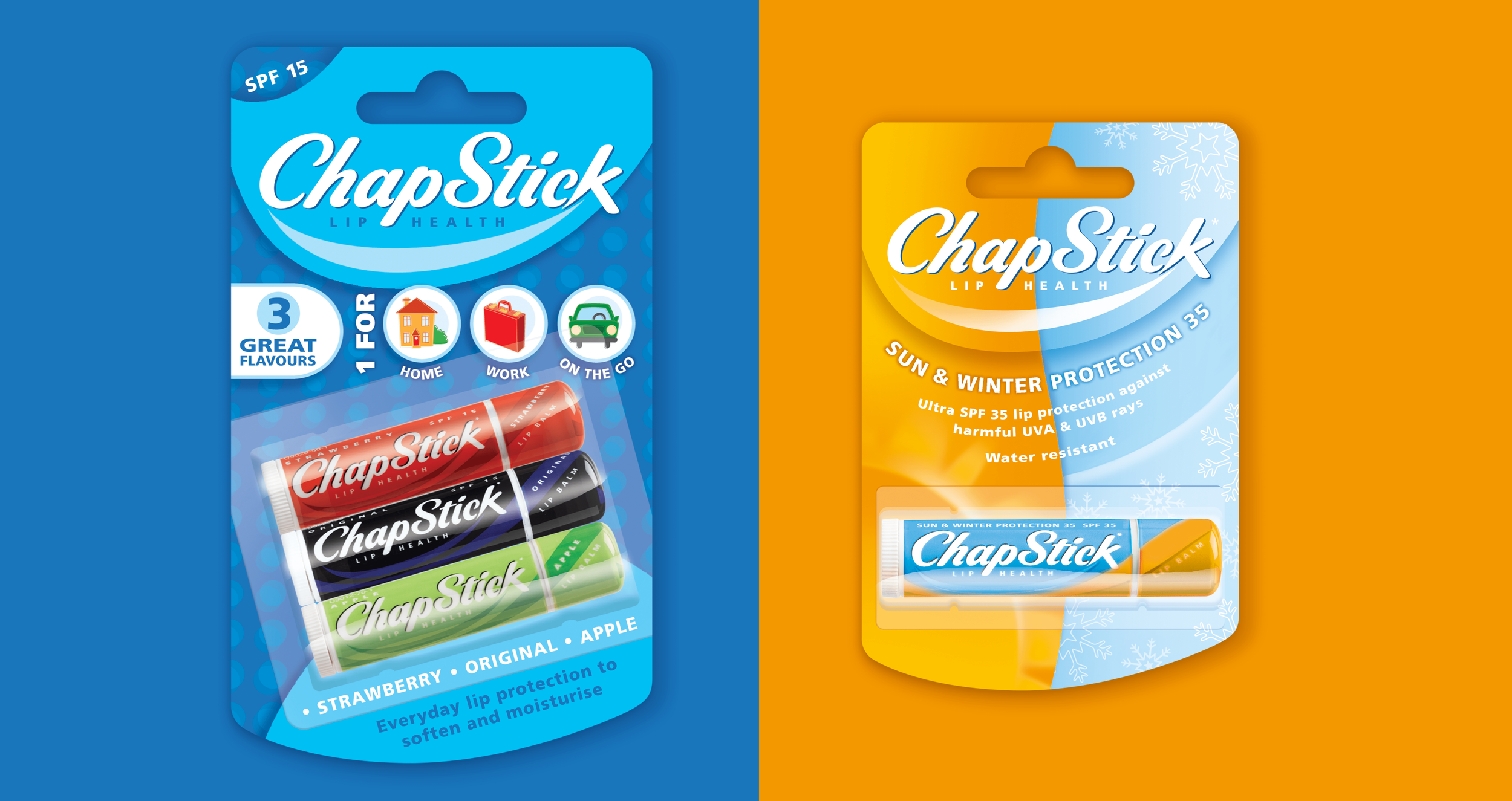 Two packages of ChapStick lip balm. The left package features three flavors: strawberry, original, and apple, suitable for home, work, or on the go. The right package is for sun and winter protection, with SPF 35, water-resistant, designed to protect against UV rays.