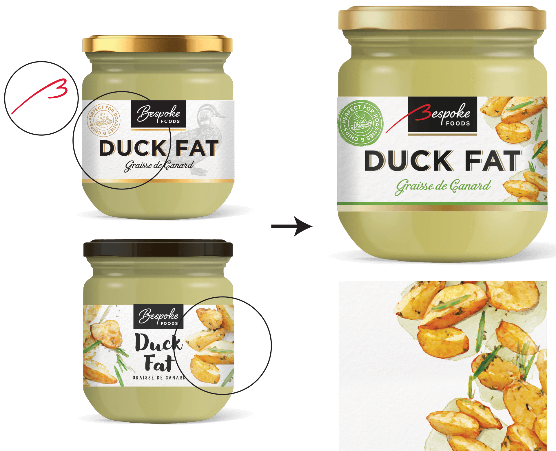Jar features watercolour roast potatoes on the right, black Bespoke Foods logo top, middle. 'Duck Fat' text. Green roundel top left saying 'Perfect for roasties and chips'. Underneath the jar is a watercolour of crispy roast potatoes.