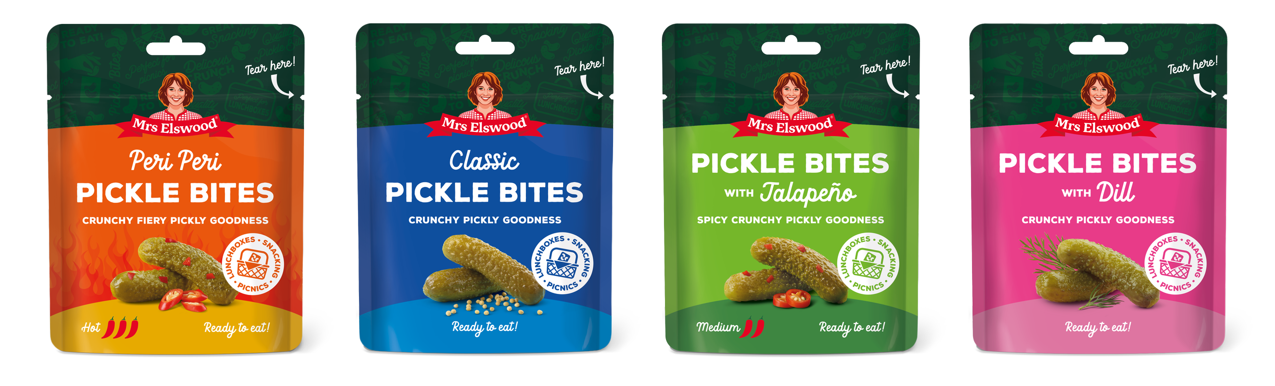 4 packs of Mrs Elswood pickle bites in different flavours: Peri Peri, Classic, with Jalapeño, and with Dill, each labeled as ready to eat. Roundel showing an illustration of a basket with a pack pocking out. Text saying. Lunchboxes. Snacking. Picnic.