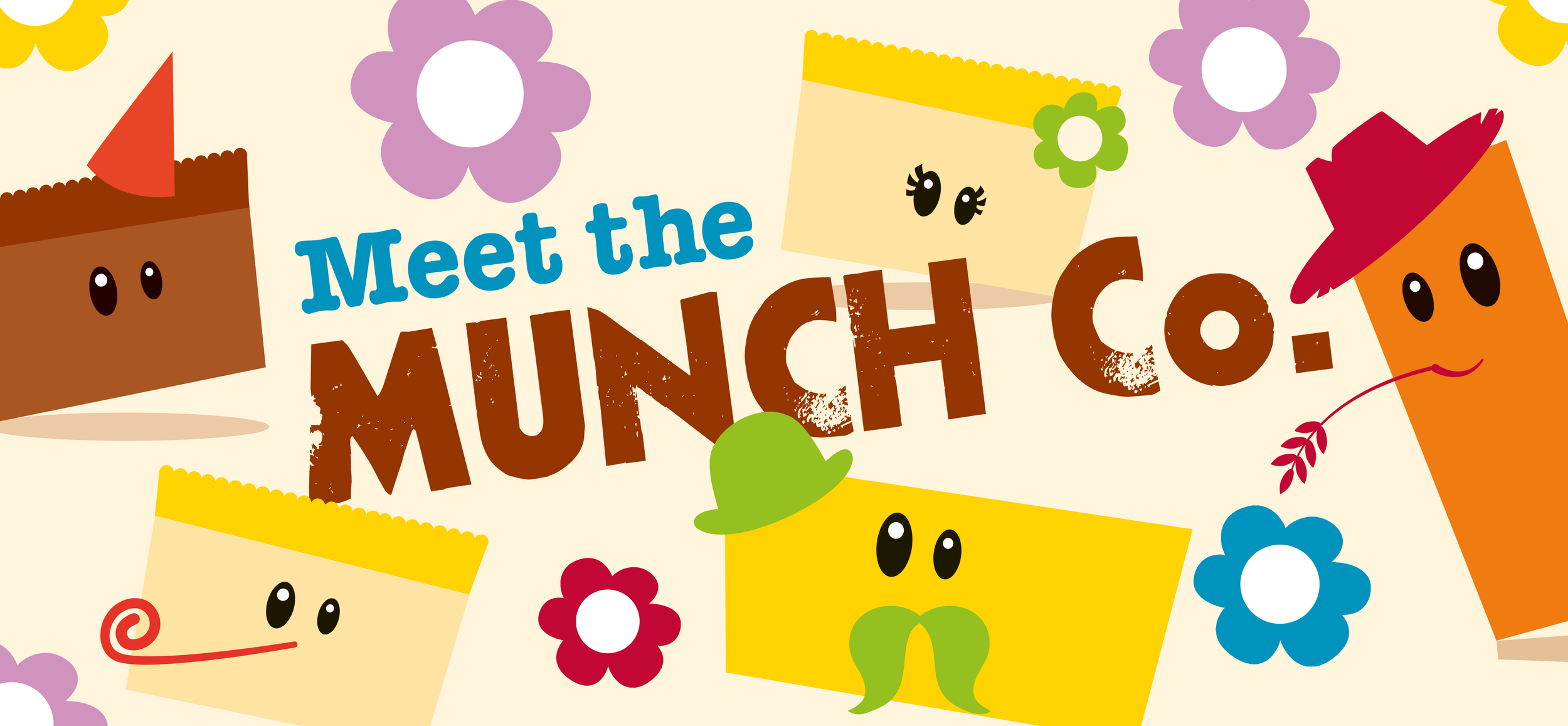 Meet the Munch Co. Logo on a cream background with flowers and characters.