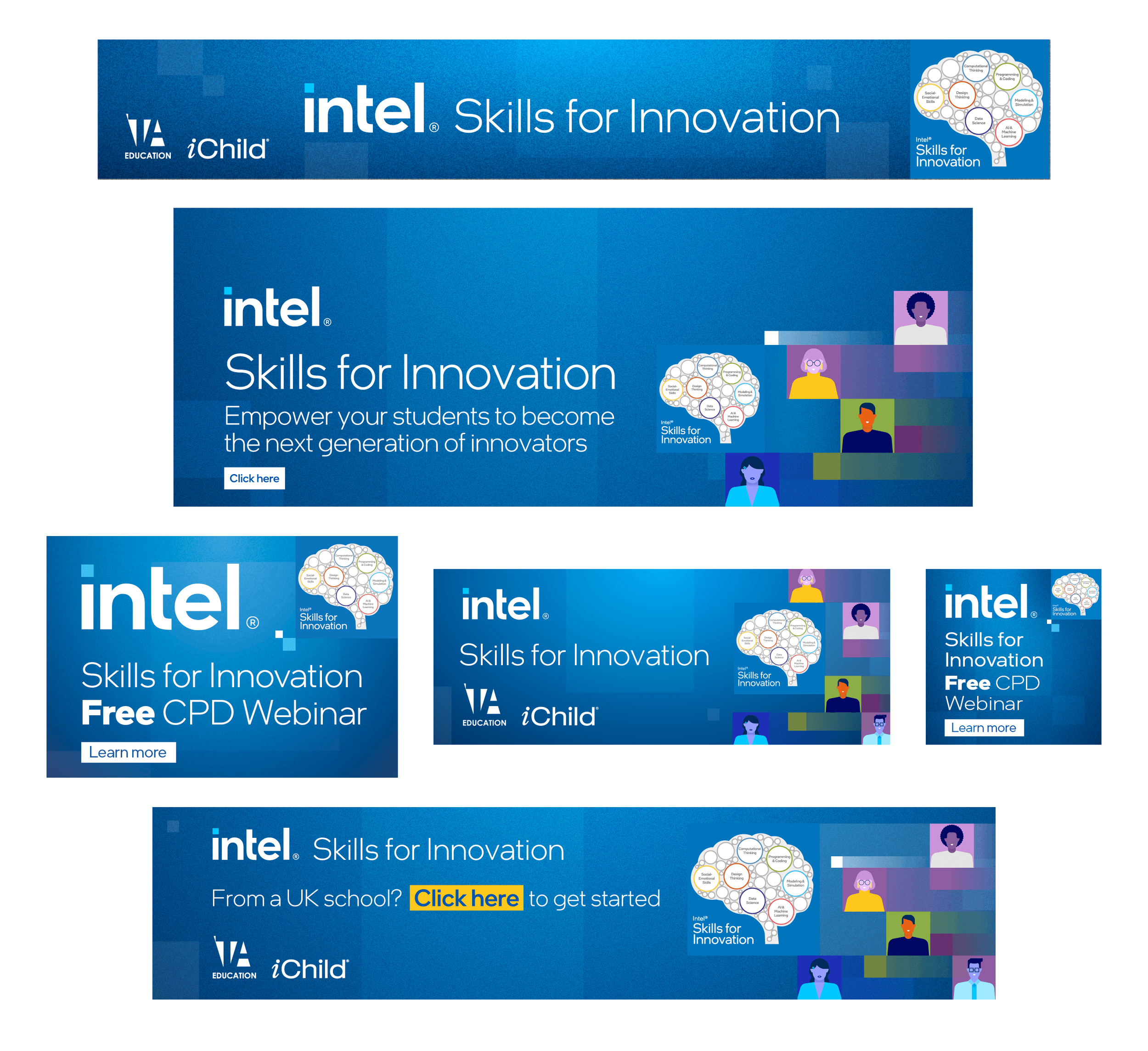 Promotional web banners for Intel Skills for Innovation, a free CPD webinar, featuring blue backgrounds, Intel logo, iChild logo, and a graphic of a brain with various skills labeled inside it, along with colourful illustrated characters.
