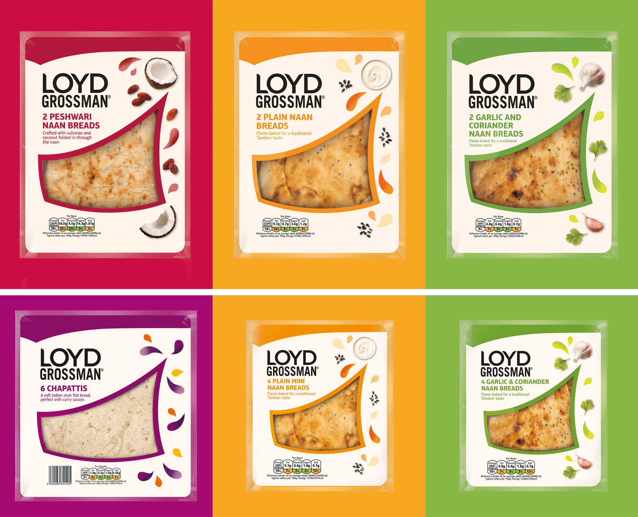 Three packs of Loyd Grossman naan bread in different flavours: Top left, Peshwari. Top Middle, Plain. Top right, Garlic & Coriander. Bottom left, Chapattis. Bottom middle and right Mini naan packs plain and garlic & Coriander.