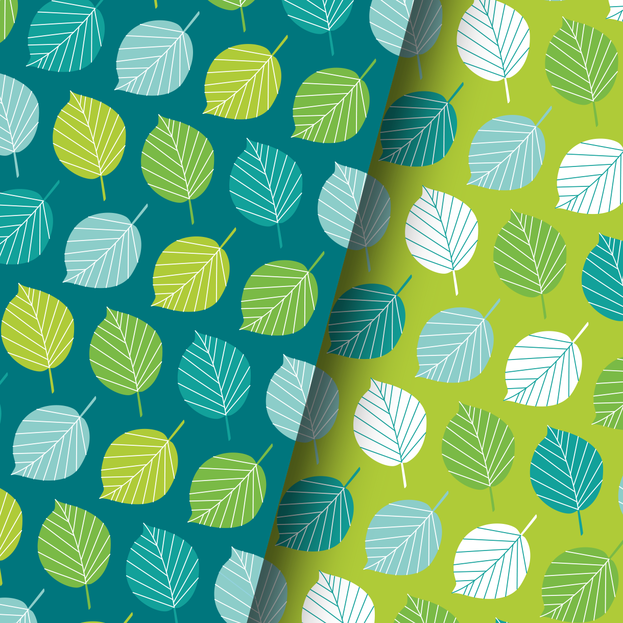 Pattern of stylized leaves in green, blue, and white on a teal and lime green background, split diagonally