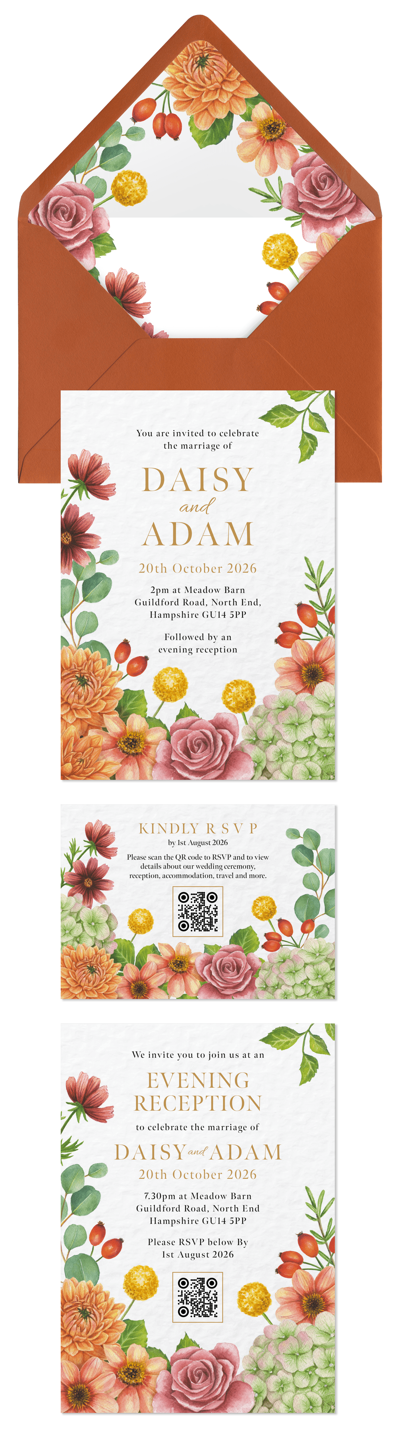 A floral wedding invitation set with matching envelope, featuring watercolour pink roses, orange dahlias, yellow billy buttons, red berries, green leaves, and eucalyptus, with gold and black text details.