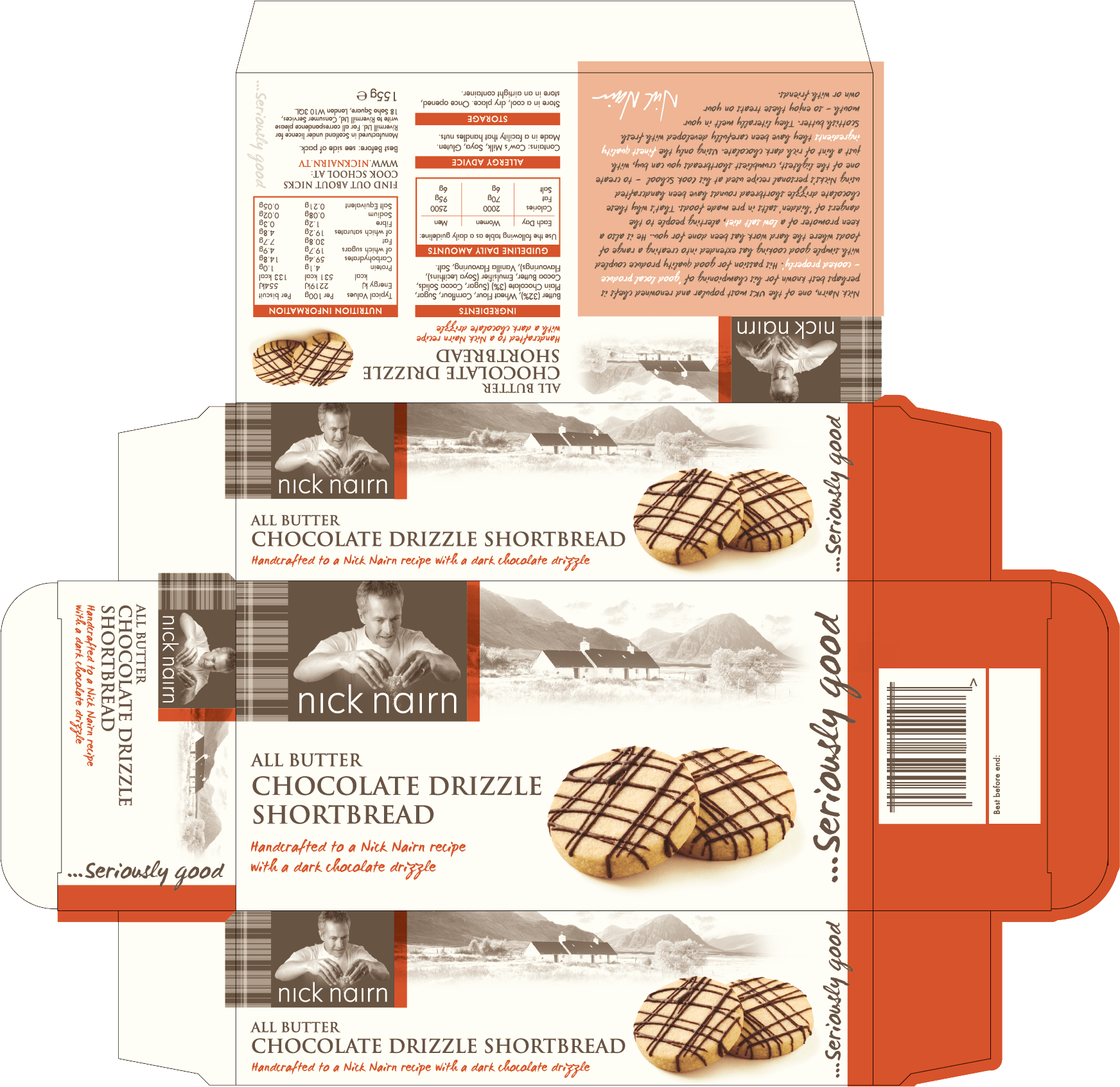 A folded food package with the front side showing a picture of chocolate drizzled shortbread cookies, the brand 'Nick Nairn,' and product description 'All Butter Chocolate Drizzle Shortbread.' The package contains nutritional information, ingredients, and labeling details, including that it is handcrafted to a Nick Nairn recipe with dark chocolate drizzle.