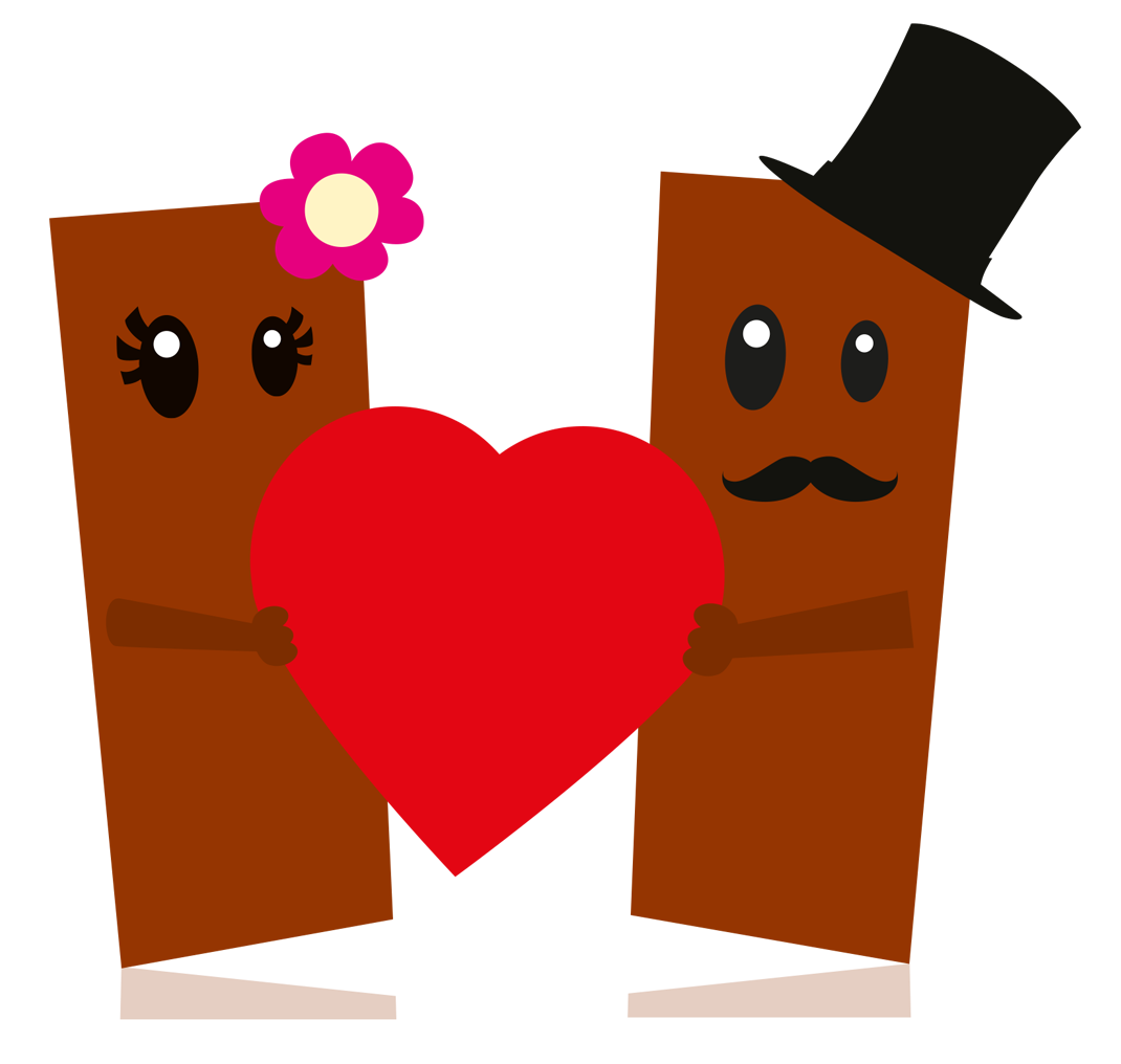 Cartoon chocolate cake slice characters. Lady slice on the left, man on the right. Both with brown rectangle shaped bodies, large black eyes. Man is wearing a top hat and mustache. Lady has a pink flower in hair. Both are holding one large red heart.