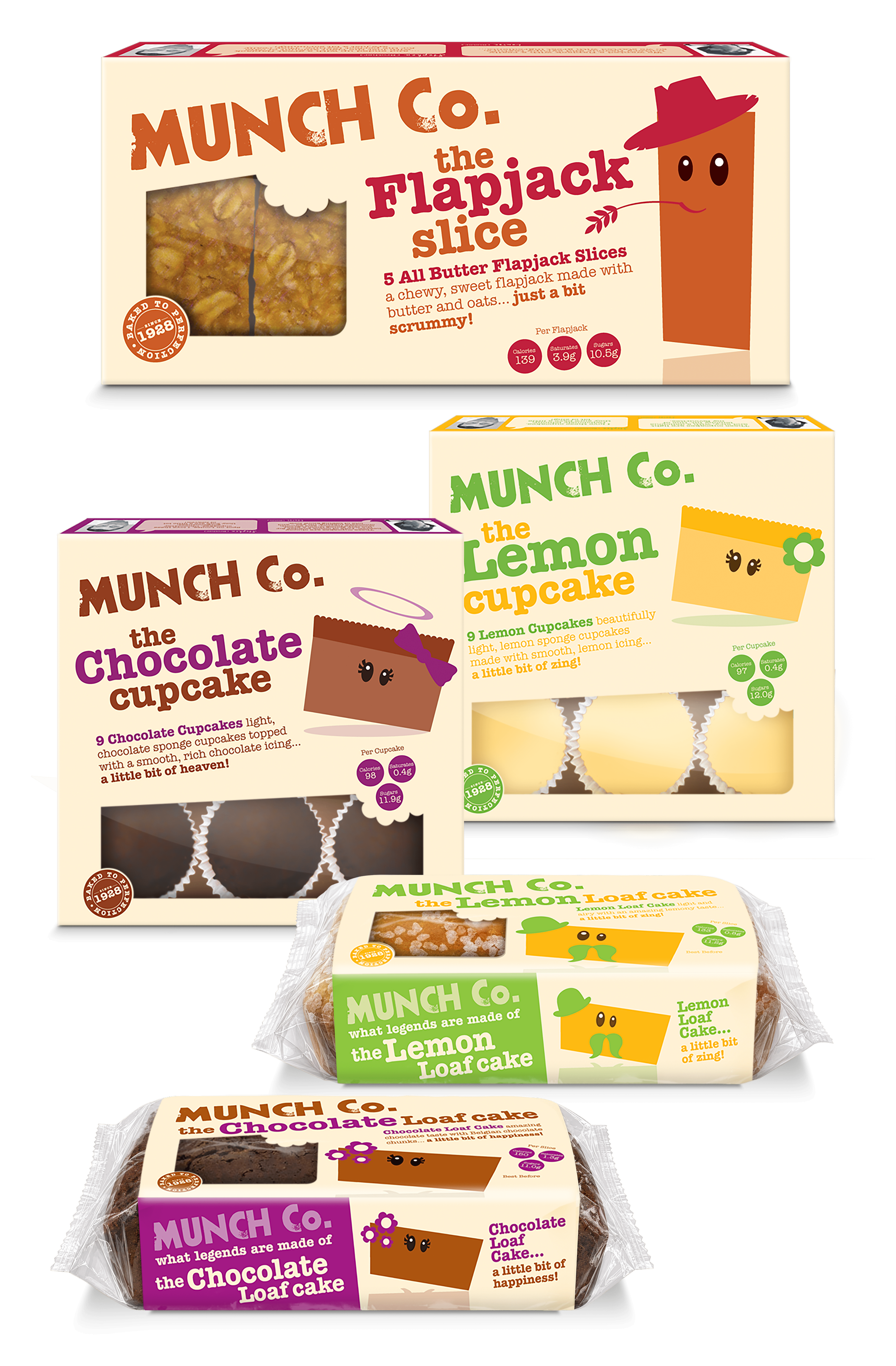 Munch Co. packaging. Flapjack slices, choc cupcakes and loaf cake, lemon cupcakes and loaf cake. Crean packs with a cartoon style character on each pack.