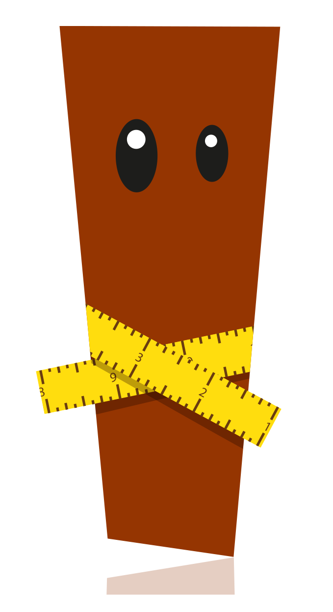 Cartoon boy skinny chocolate brownie. Brown rectangle shaped body, with big black eyes, wrapped with a yellow measuring tape.