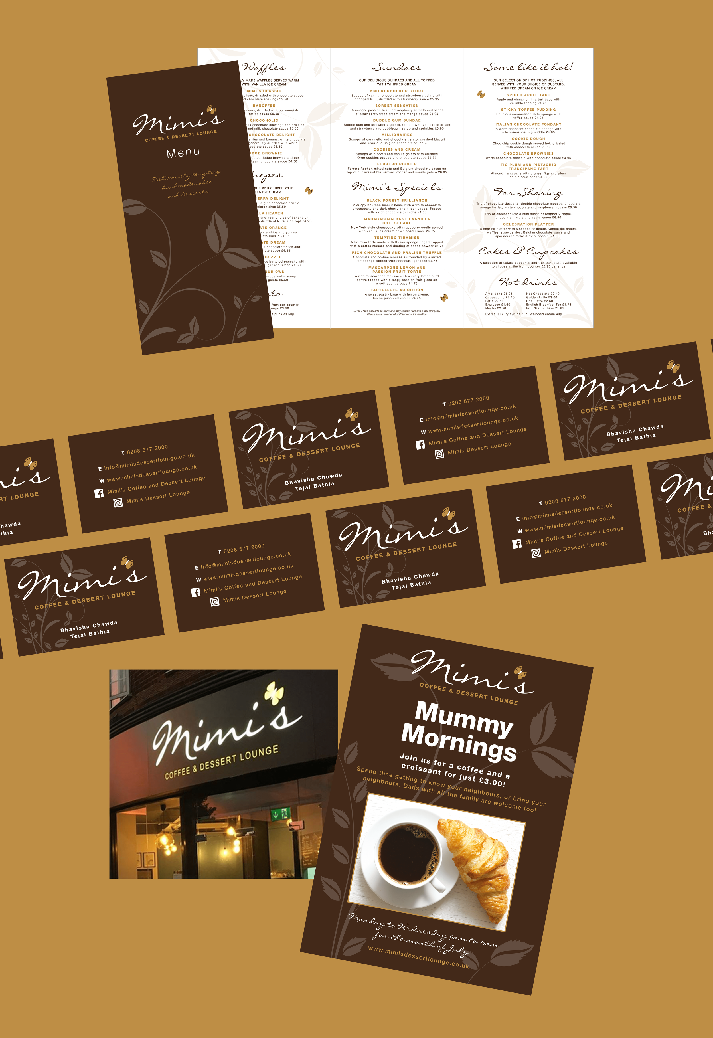 Collection of menus and business cards for Mimi's Coffee & Dessert Lounge, with brown and beige colour scheme, featuring food and drink images, contact information, and promotional text.