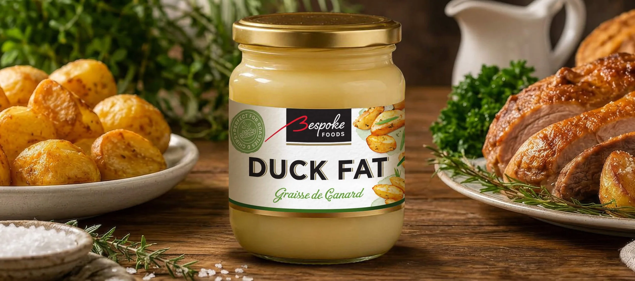 A jar of Bespoke Foods duck fat on a wooden table, surrounded by roasted potatoes, cooked meat, and fresh herbs.