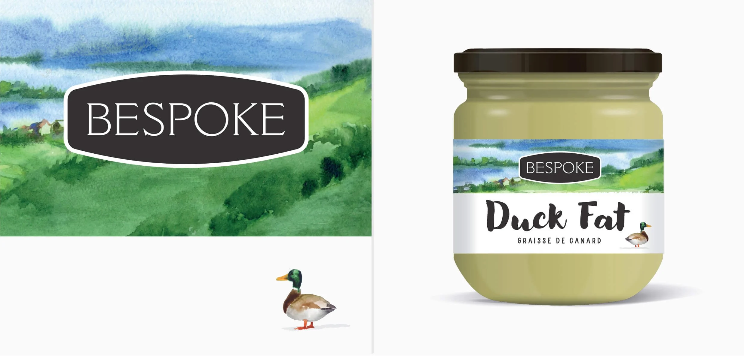 Packaging of Bespoke Duck Fat, with watercolour landscape with a cute duck as a background.