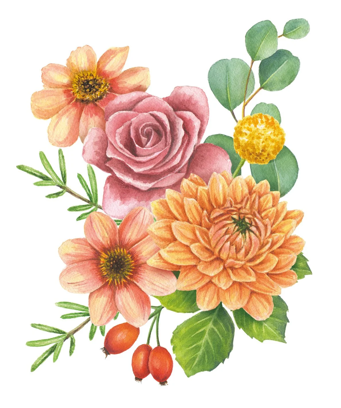 Watercolor illustration of a floral bouquet with pink roses, peach dahlias, pink cosmos, yellow billy balls, and red berries, with green leaves and sprigs.