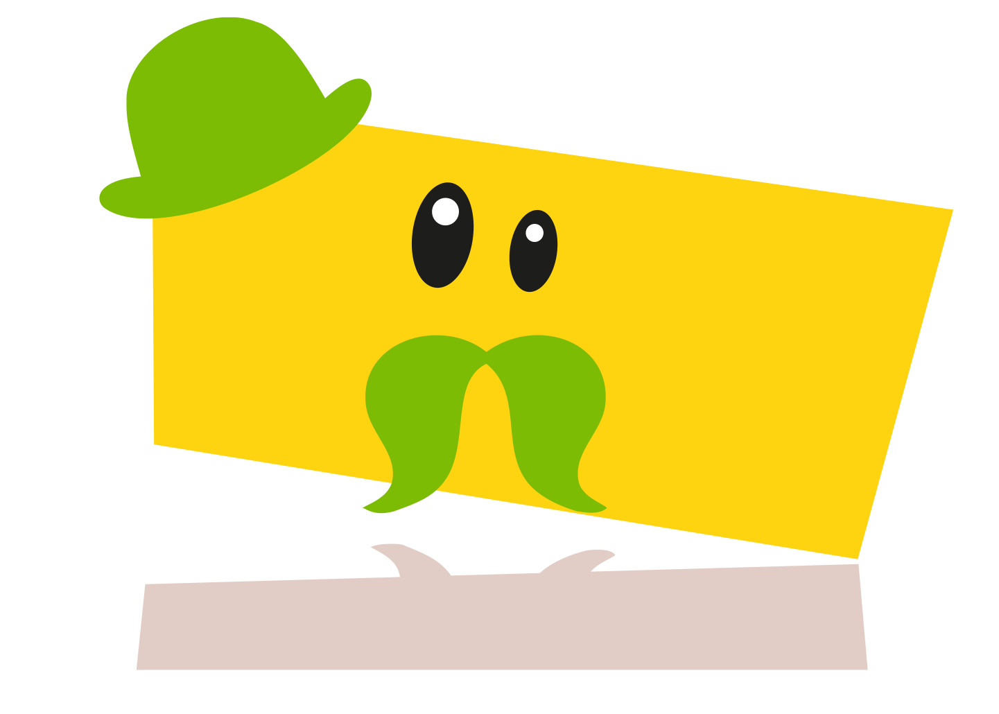 Cartoon lemon loaf cake. Yellow rectangle shaped body, big black eyes, green hat, and a green mustache.