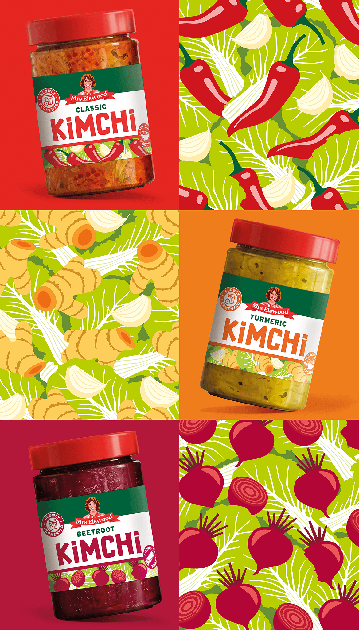 A collage of colorful images of Mrs. Elswood's kimchi jars and illustrated backgrounds featuring various vegetables such as red chili peppers, garlic, ginger, and beets.