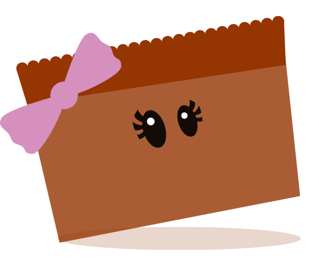 Cute cartoon girl chocolate cupcake. Cupcake shaped brown body with large black eyes, purple bow in hair.