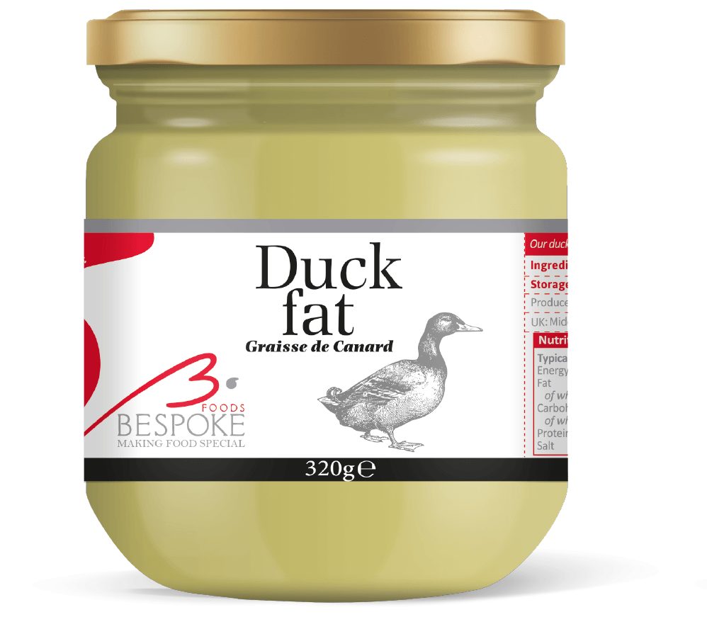 A jar of duck fat with a gold lid and a white label featuring black text and a drawing of a duck.