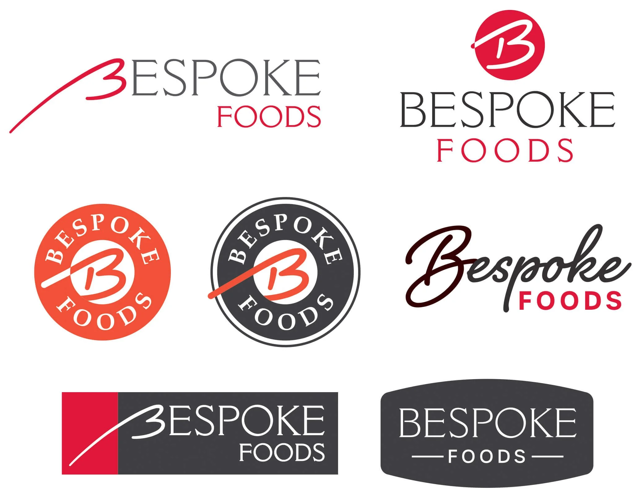 Collection of logos for BESPOKE FOODS, featuring circular and rectangular designs in red, black, and white with stylized text.