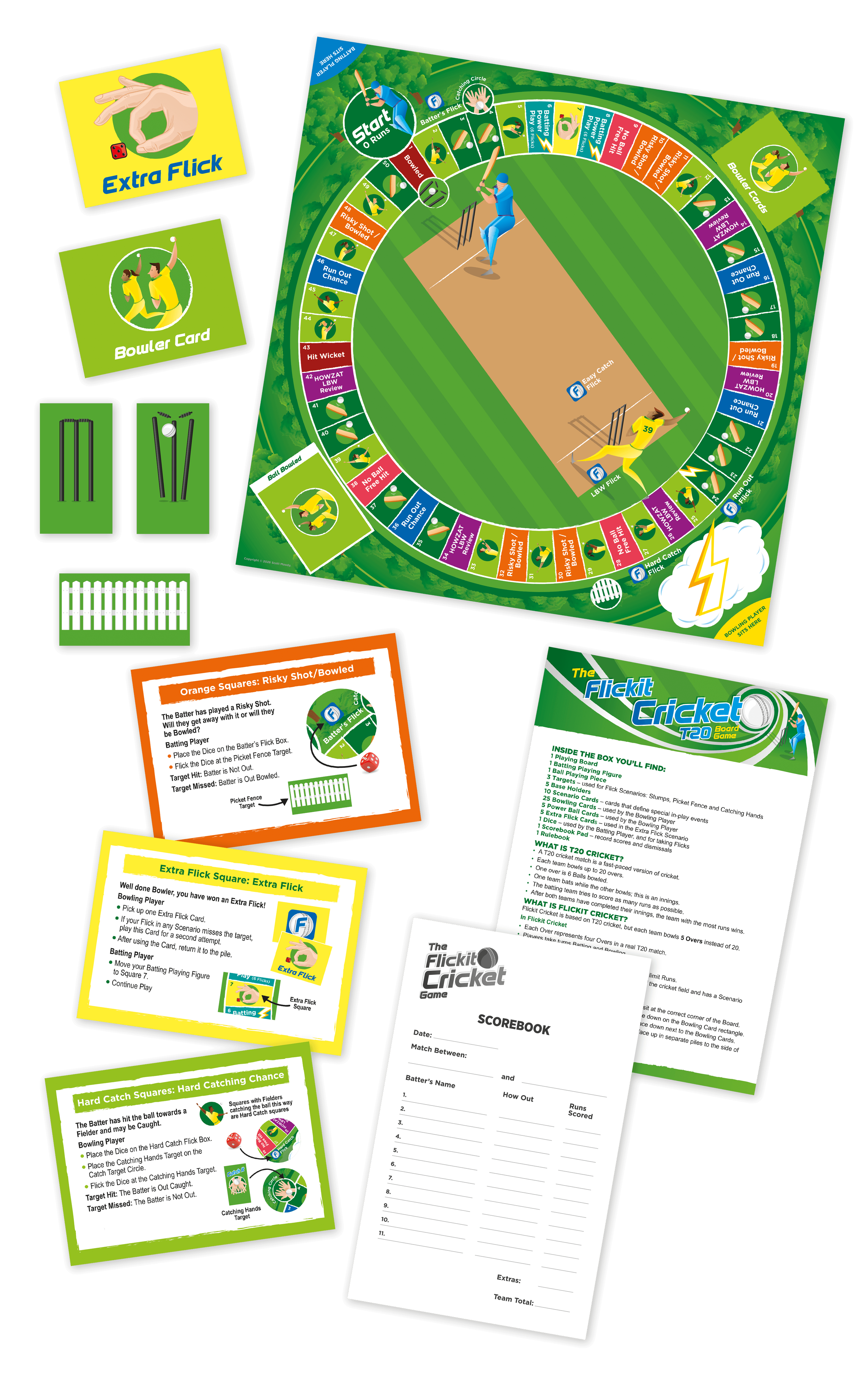 A cricket game board with numerous game cards, rule sheets, and a scorebook, featuring cricket-themed artwork and instructions for playing and scoring.