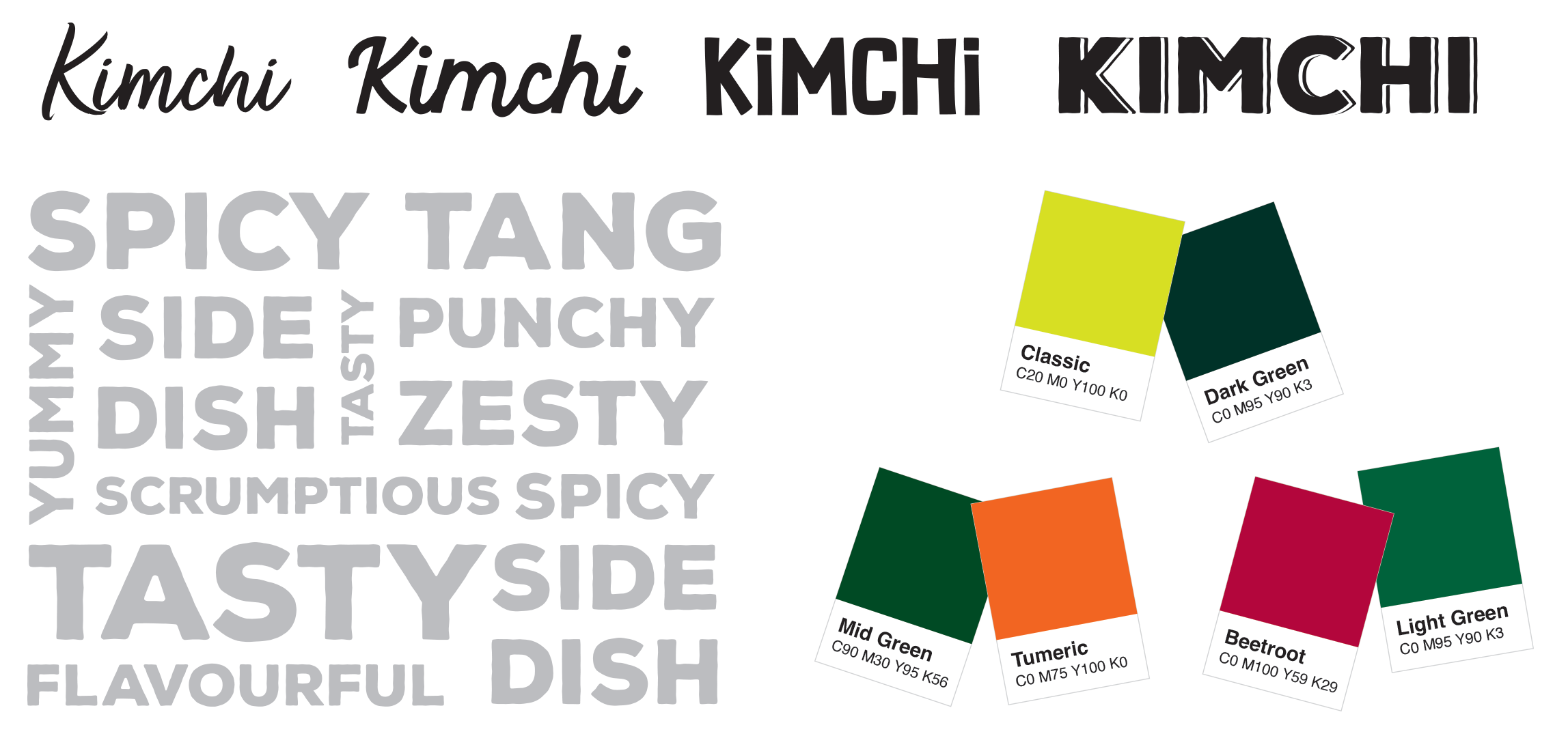 Word cloud describing kimchi, including words like spicy, tangy, side, punchy, dish, tasty, zest, flavorful, and more. Contains colour swatches, dark green, light green, mid green, turmeric, beetroot.