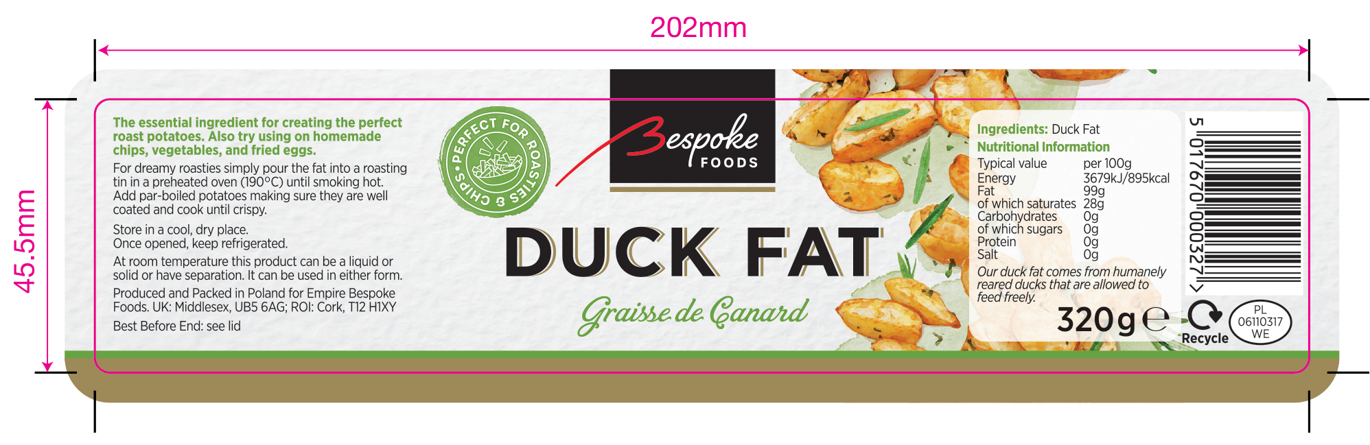 Packaging label for Bespoke Foods duck fat, 320 grams, with instructions for roasting, ingredients listed as duck fat, nutritional info, barcode, and recycling symbols.
