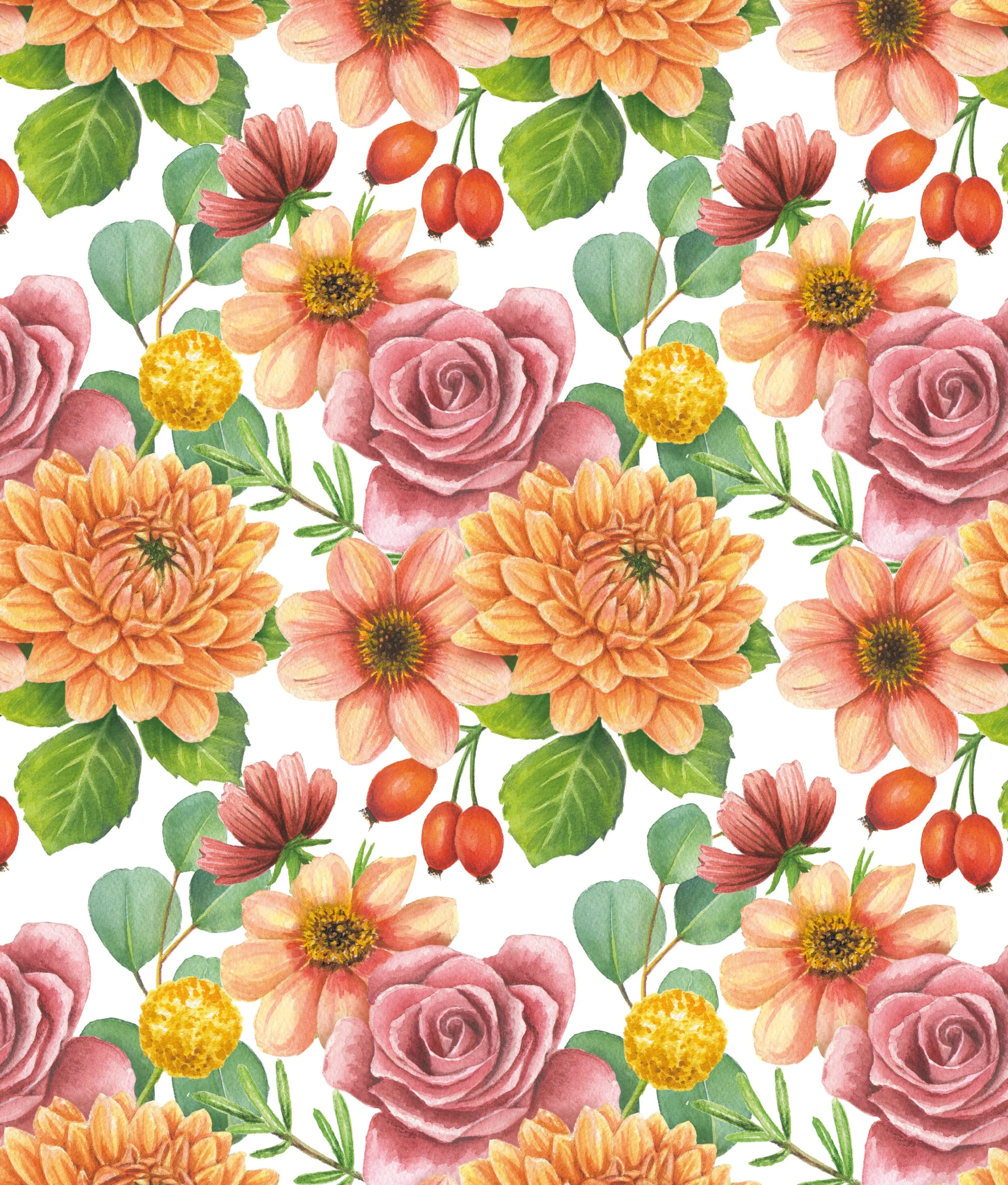 Pattern of watercolour pink roses, orange dahlias, yellow billy balls, red rose hips, and green leaves on a white background.