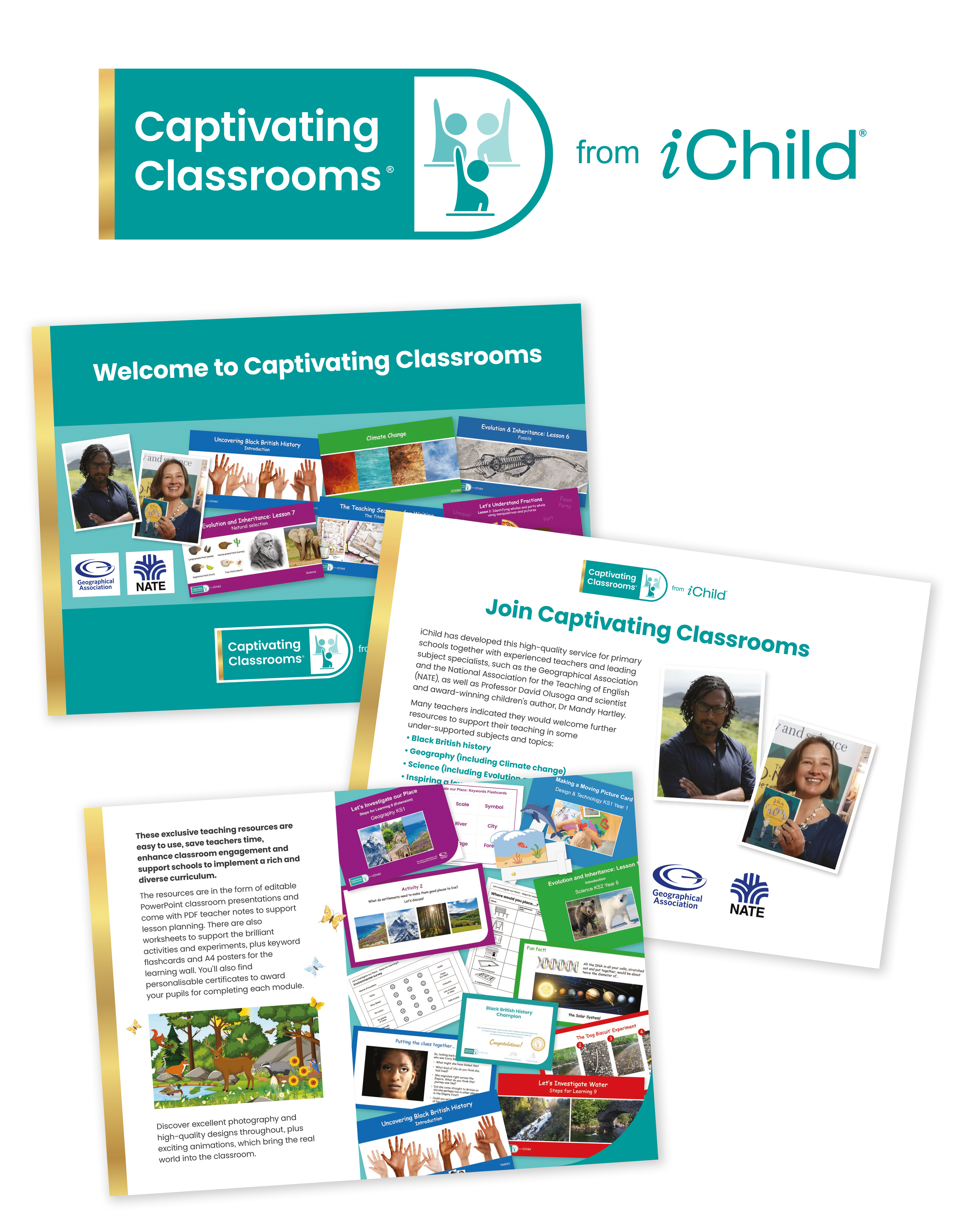 Promotional flyer pages for educational resources from Captivating Classrooms, featuring colourful images, various lesson materials, and logos for Geographical Association and NATech.