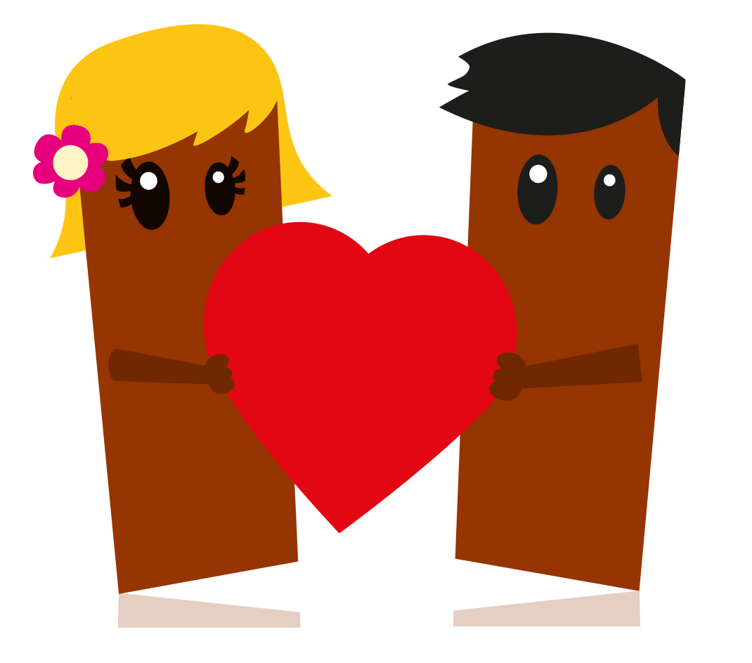 Cartoon chocolate cake slice characters. Girl slice on the left, boy on the right. Both with brown rectangle shaped bodies, large black eyes. Boy with quiff hair. Girl blonde hair with a pink flower in hair. Both are holding one large red heart.