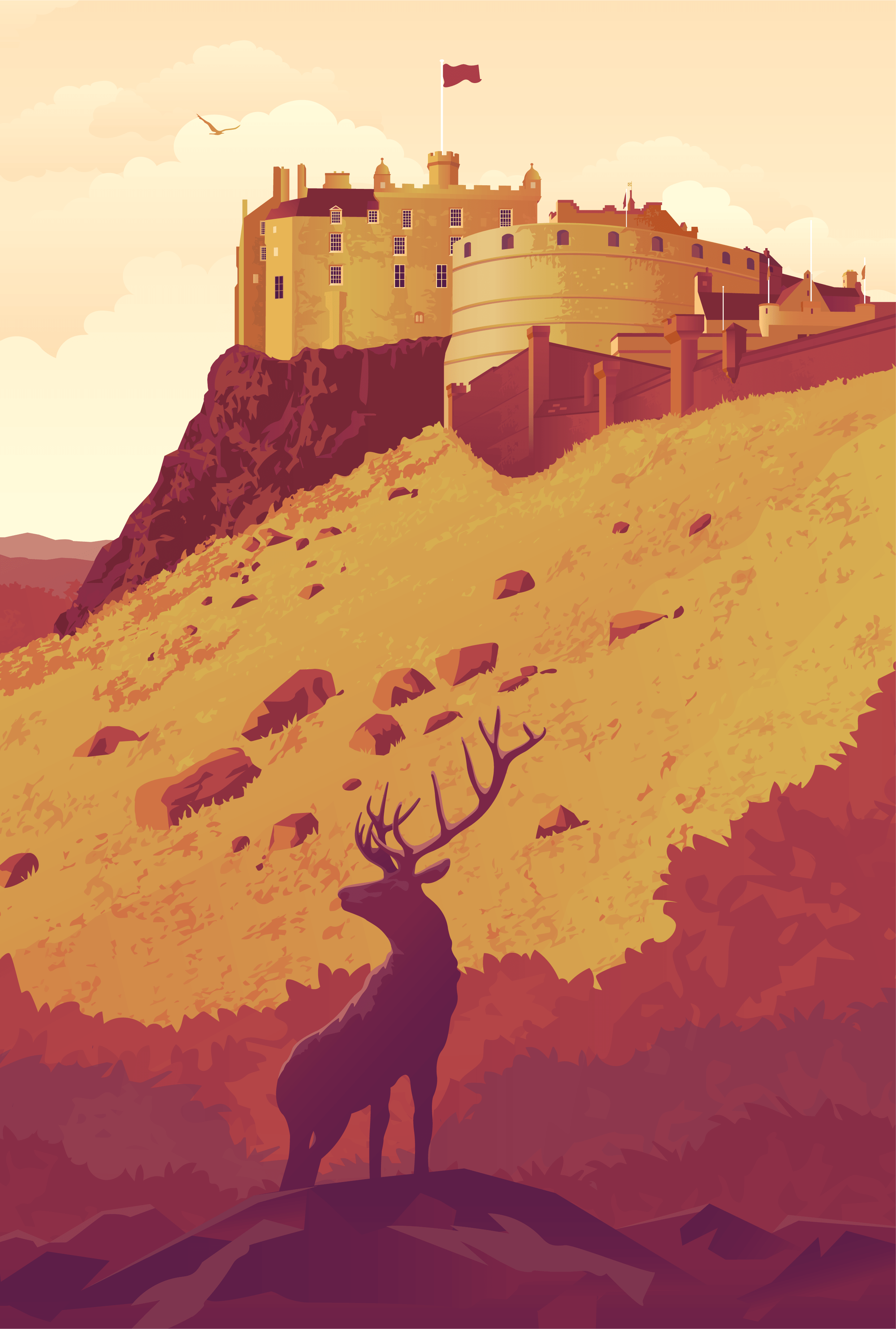 Illustration of Edinburgh castle atop a hill with a tree in the foreground and a stag silhouette.