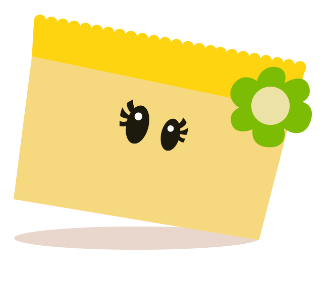 Cute cartoon girl lemon cupcake. Cupcake shaped yellow body with large black eyes, green flower in hair.