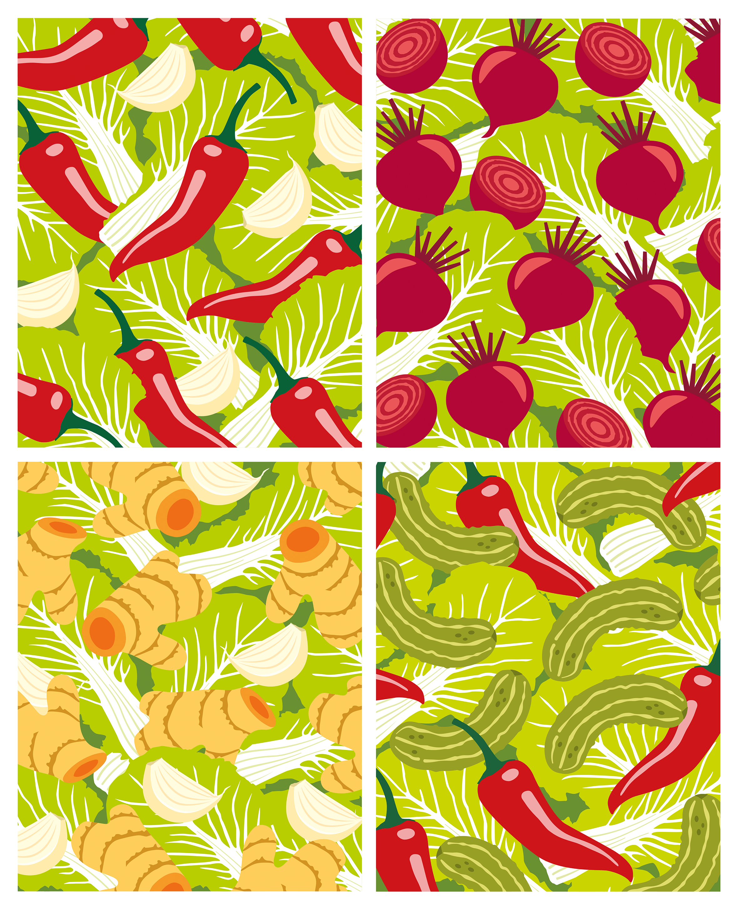 Four colourful patterns of napa cabbage leaves with a green background, including red chillies and garlic cloves, beetroot, turmeric, and gherkins.