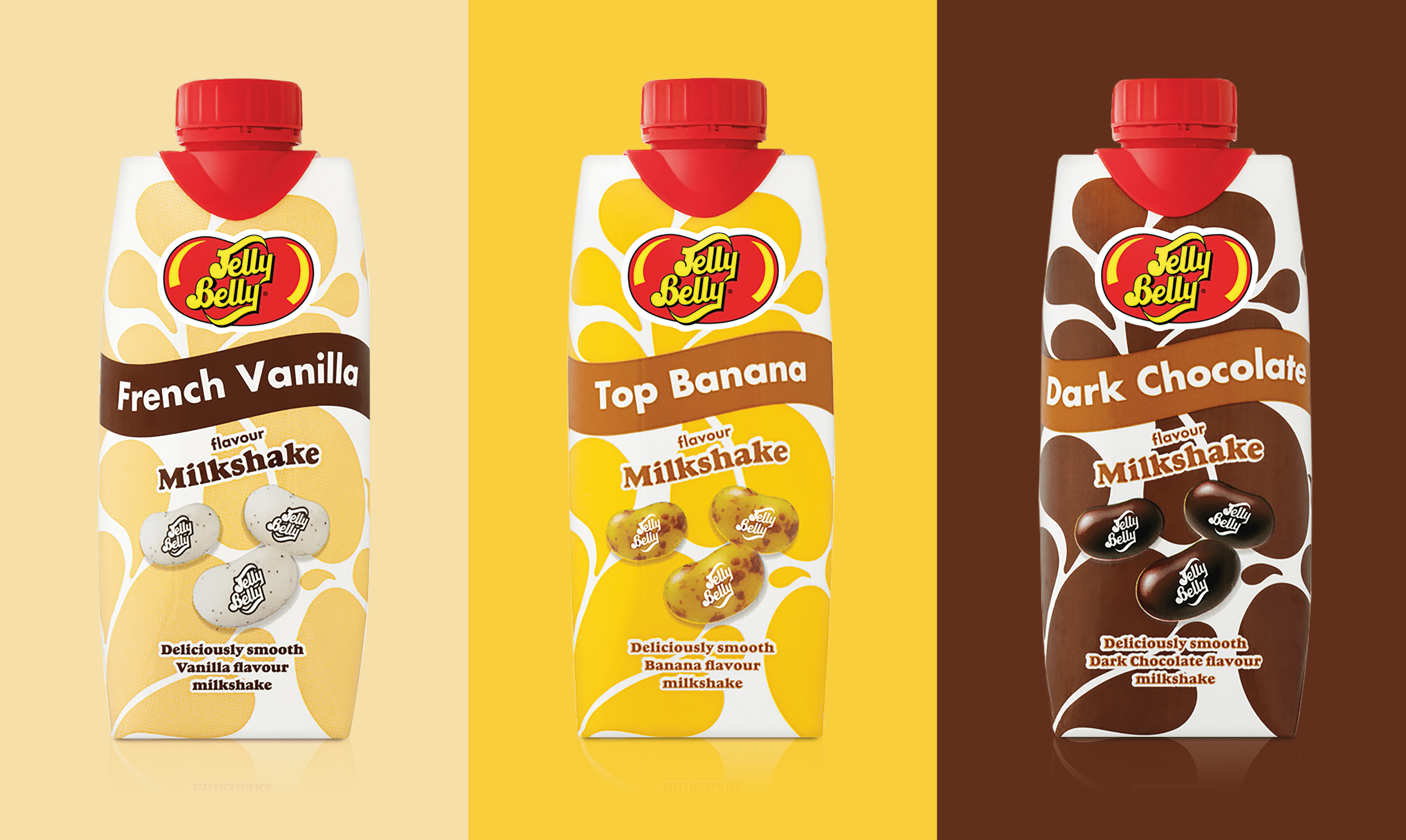 Three Jelly Belly milkshake bottles in vanilla, banana, and dark chocolate flavors against color backgrounds matching their flavors.