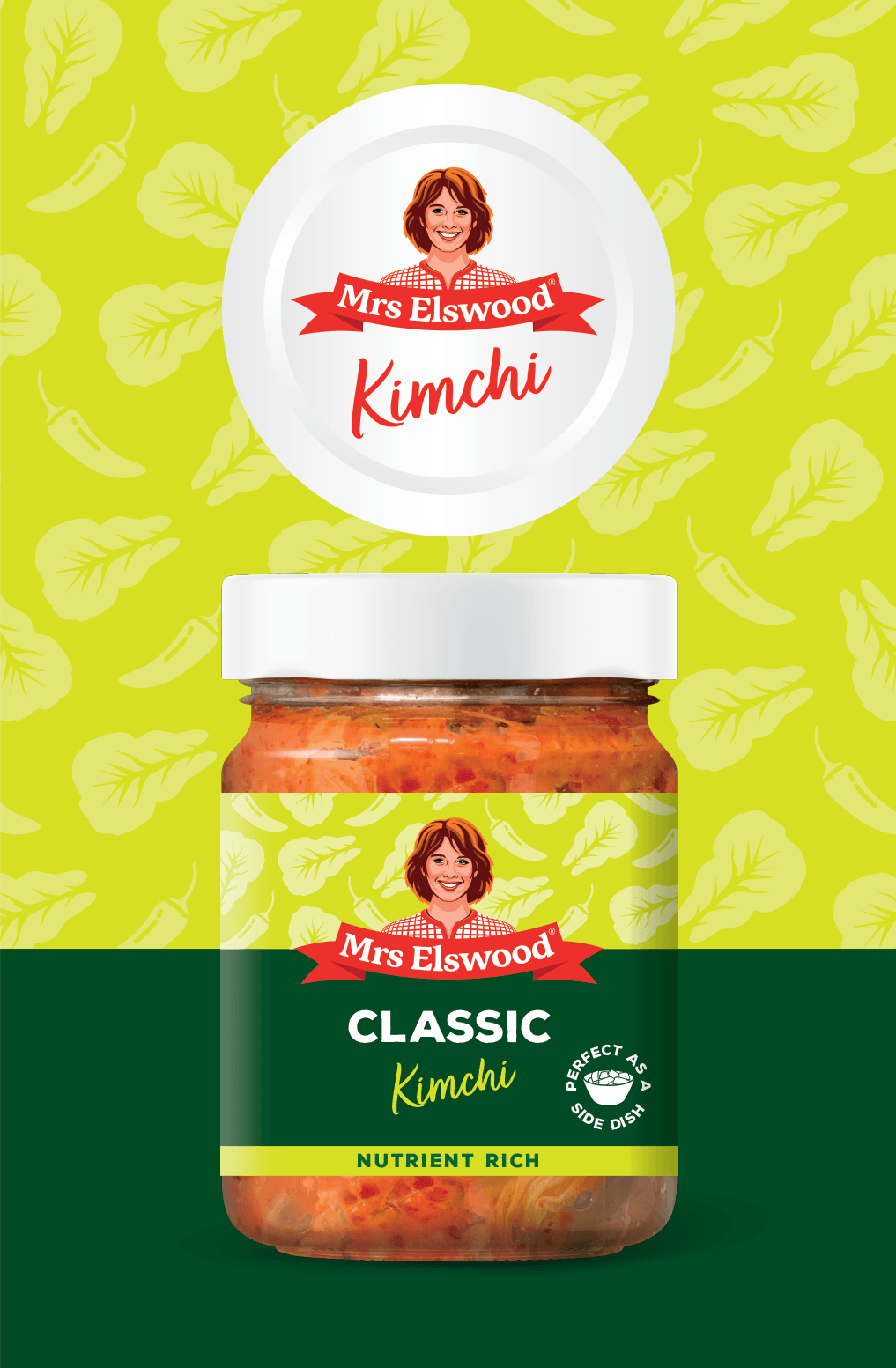Jar of Mrs Elswood Kimchi. Label showing a light green background featuring a pattern of Napa cabbage leaves and chilies. The label includes Mrs Elswood logo, and the words "Classic Kimchi" and "Nutrient Rich." "Perfect as a side dish" White Lid