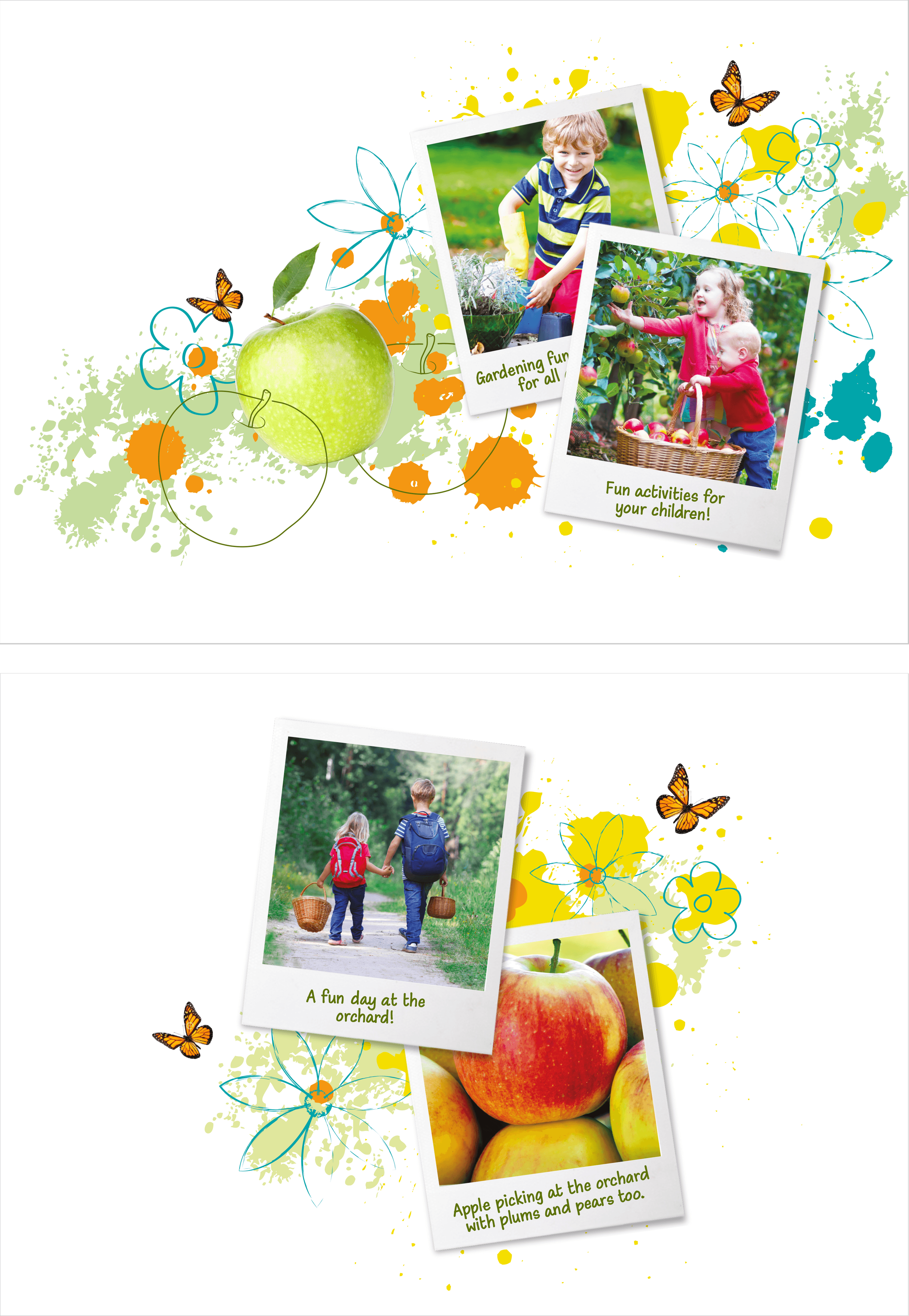 Photos of children picking apples in an orchard, with decorative flowers, bees, and butterflies, and text describing gardening fun and apple picking activities.