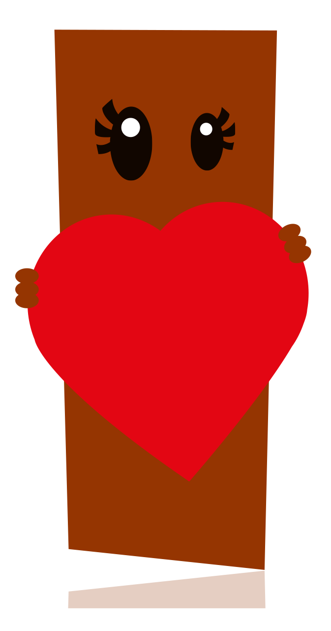 Cartoon girl chocolate slice character. Brown rectangle body shape, big black eyes, holding a large heart.