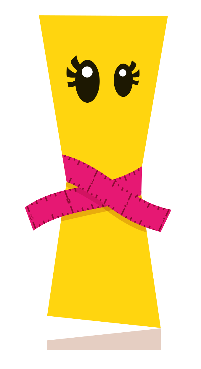 Cartoon girl skinny lemon cake slice. Yellow rectangle shaped body, with big black eyes, wrapped with a pink measuring tape.