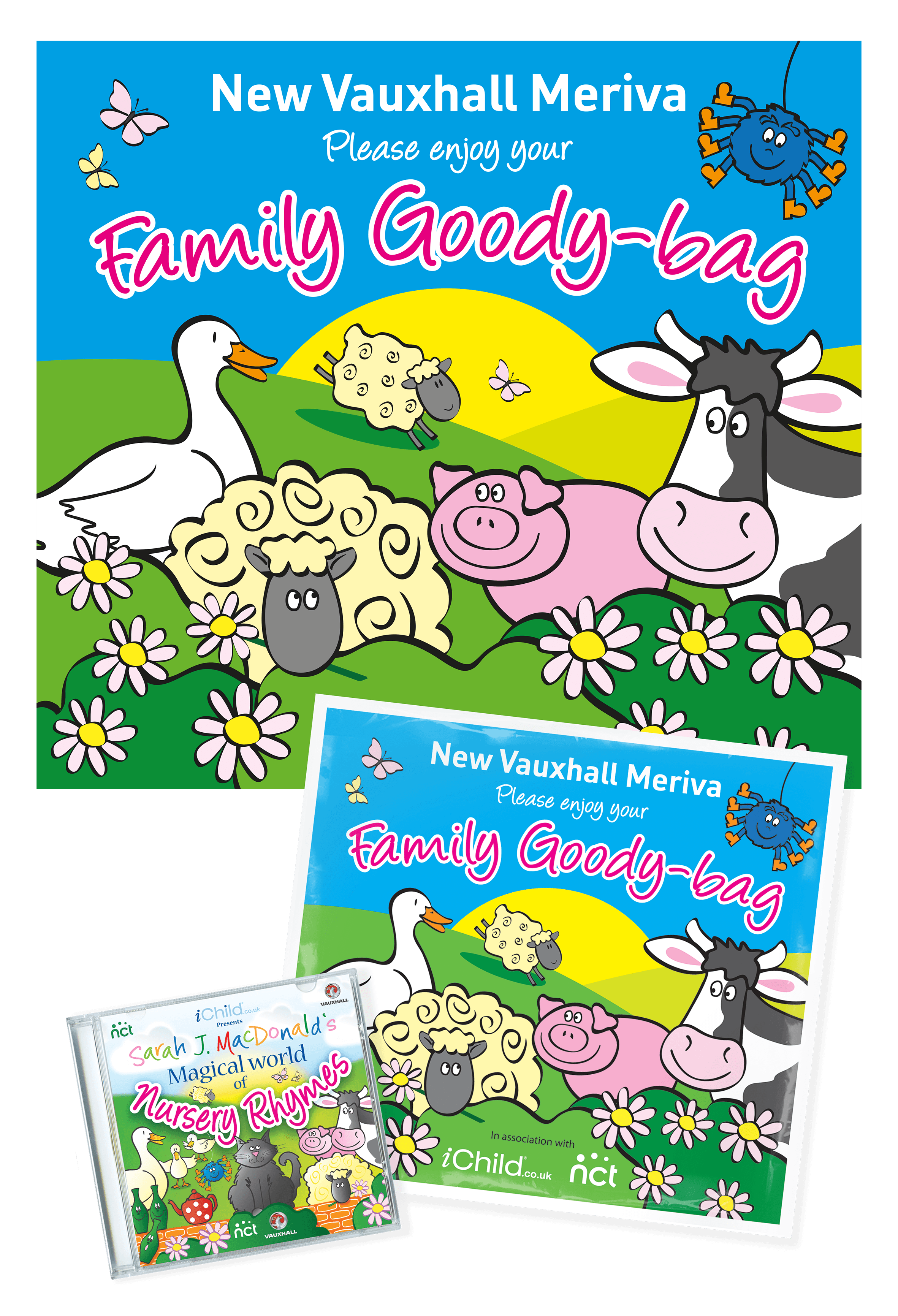 Colorful promotional materials for a Family Goody-bag focused on nursery rhymes, featuring cartoon animals, flowers, a butterfly, and a sunset with blue sky, green hills, and cartoon sheep, cow, pig, and duck.