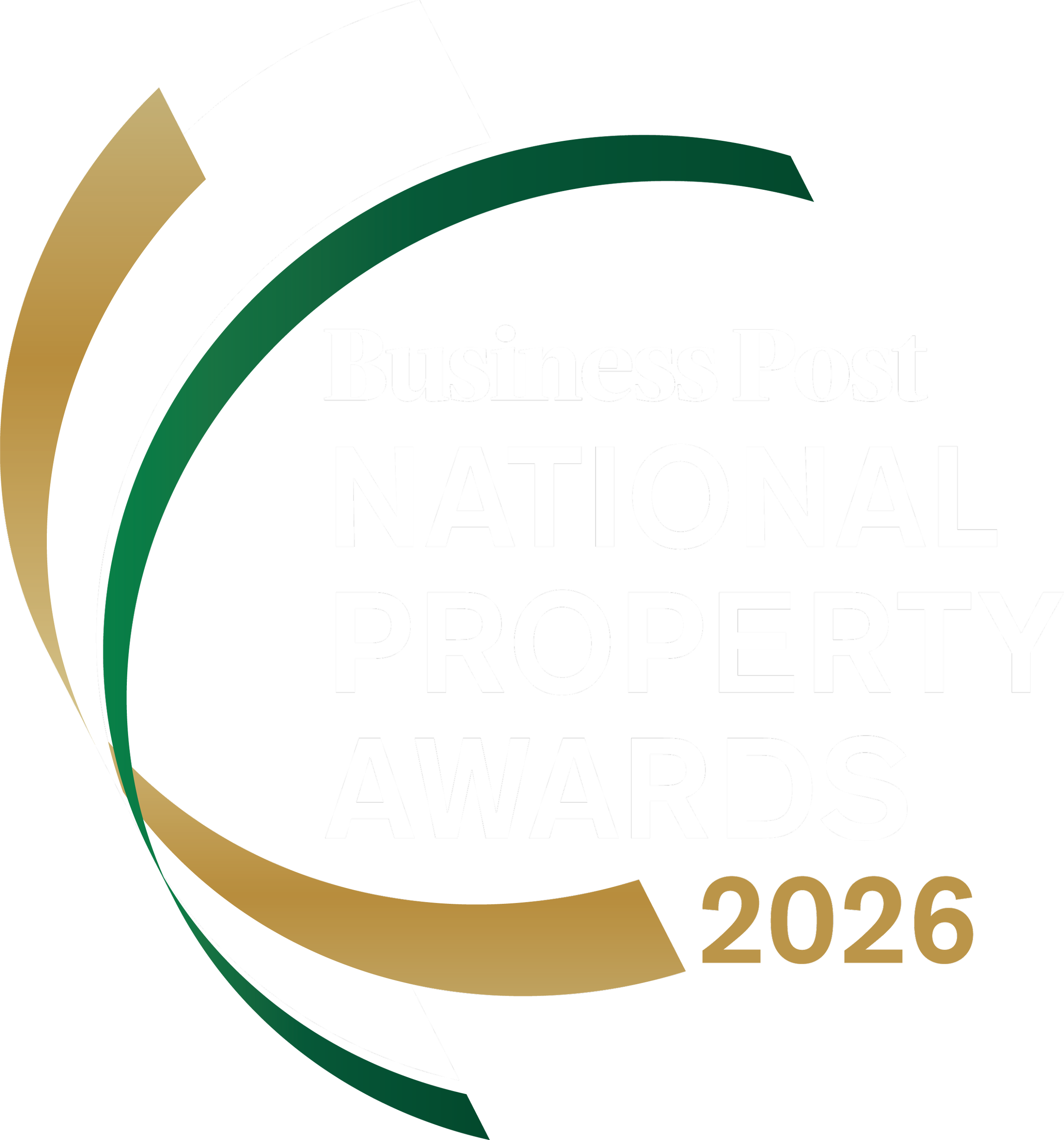 Logo for the 2026 Business Post National Property Awards, featuring bold text and colored arcs in black, white, gold, green, red, and gray.