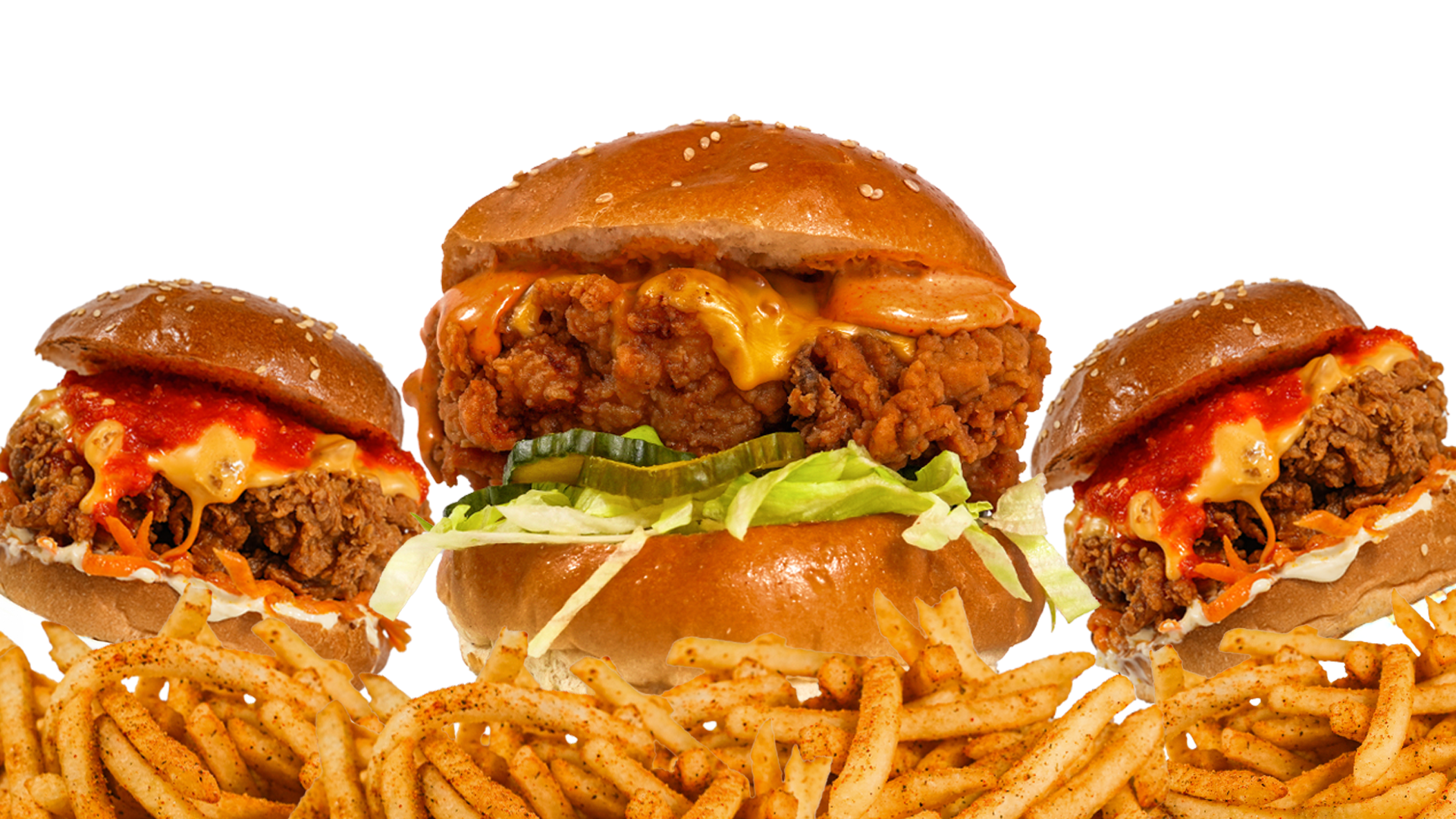 Three Hop&Hen crispy fried chicken thigh burgers with cheese sauce, pickles and lettuce