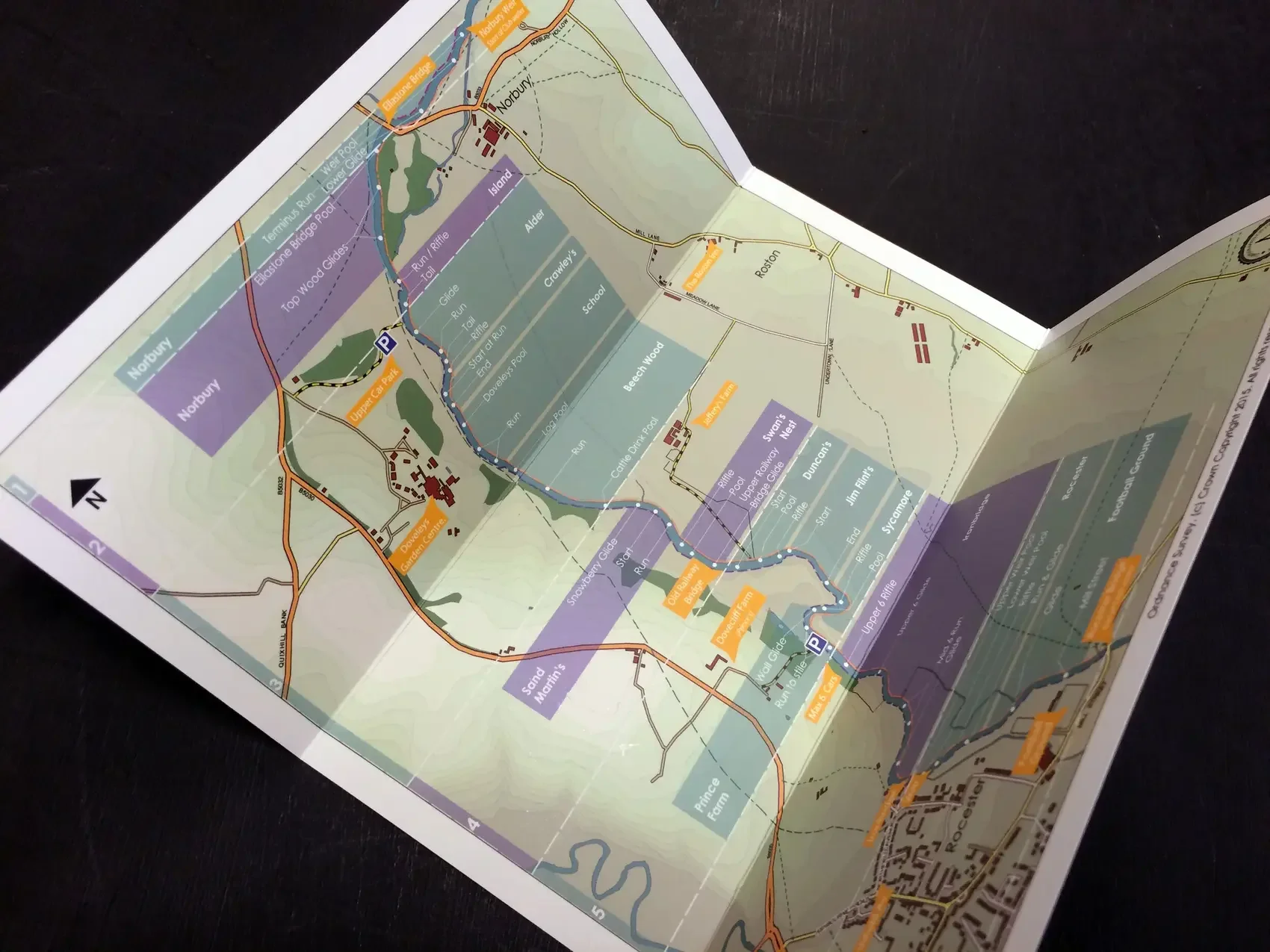 Detail of a fishing map showing pools, runs, beats and access points, by Rural Maps