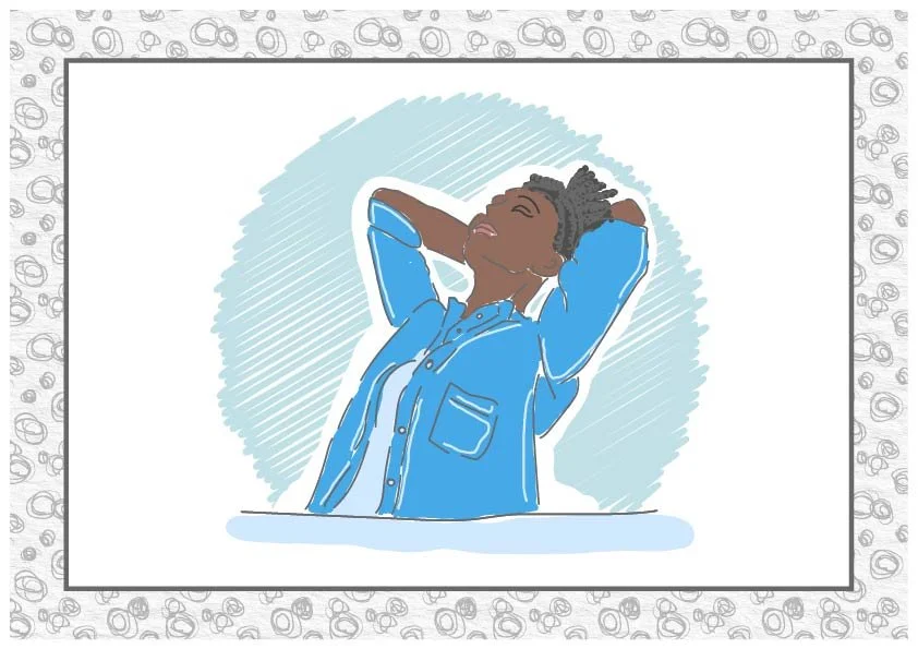 A person with dark hair relaxing with hands behind head, wearing a blue shirt, smiling with eyes closed, standing against a light blue background.