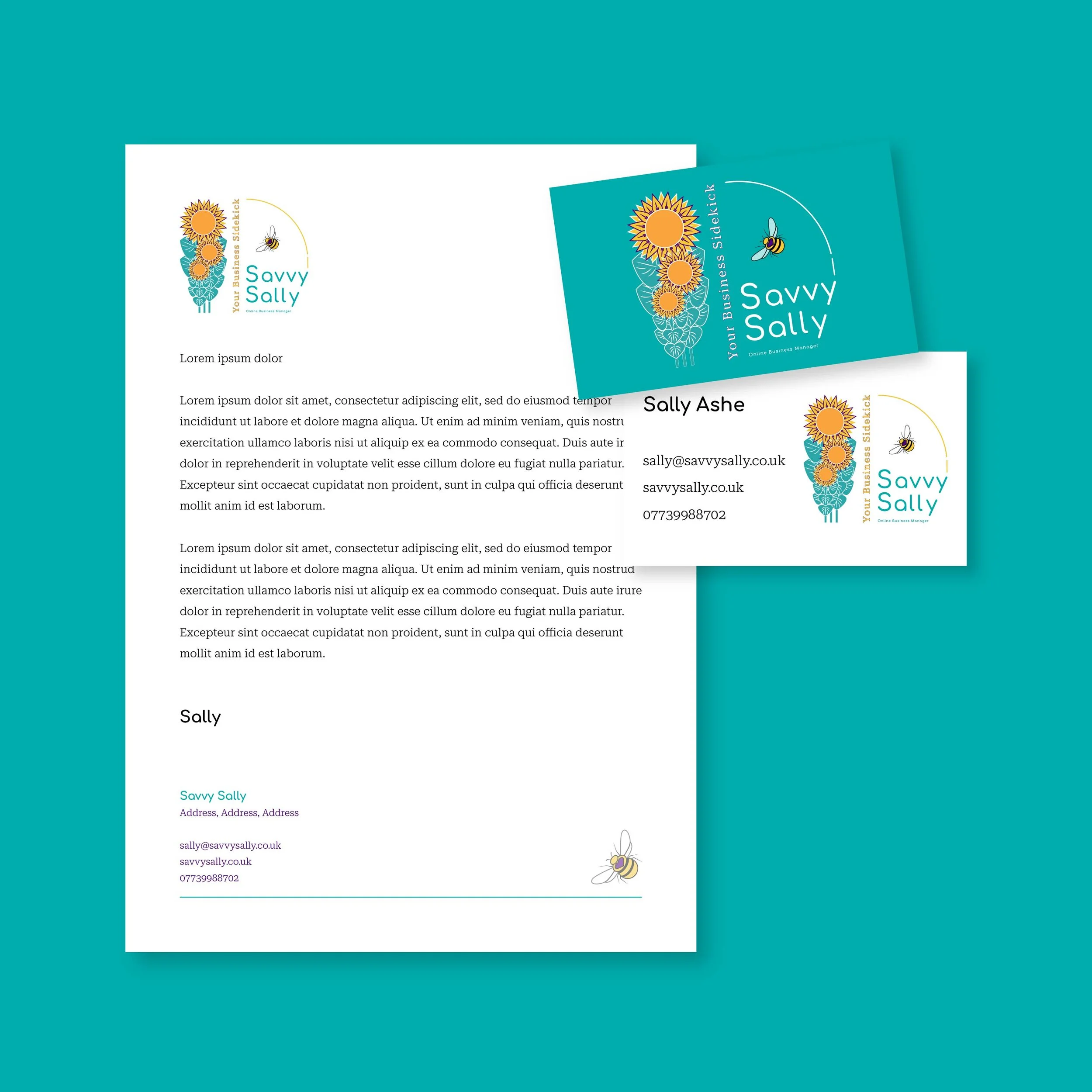 Image of letterhead layout overlapped by business card front on an angle back of business card below.