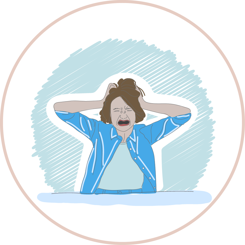 An illustration of a woman with both hands on her head with a frustrated look on her face.