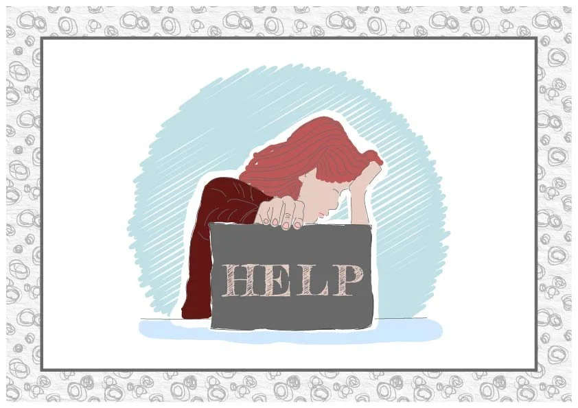 Illustration of a stressed woman holding a 'Help' sign - representing brand overwhelm